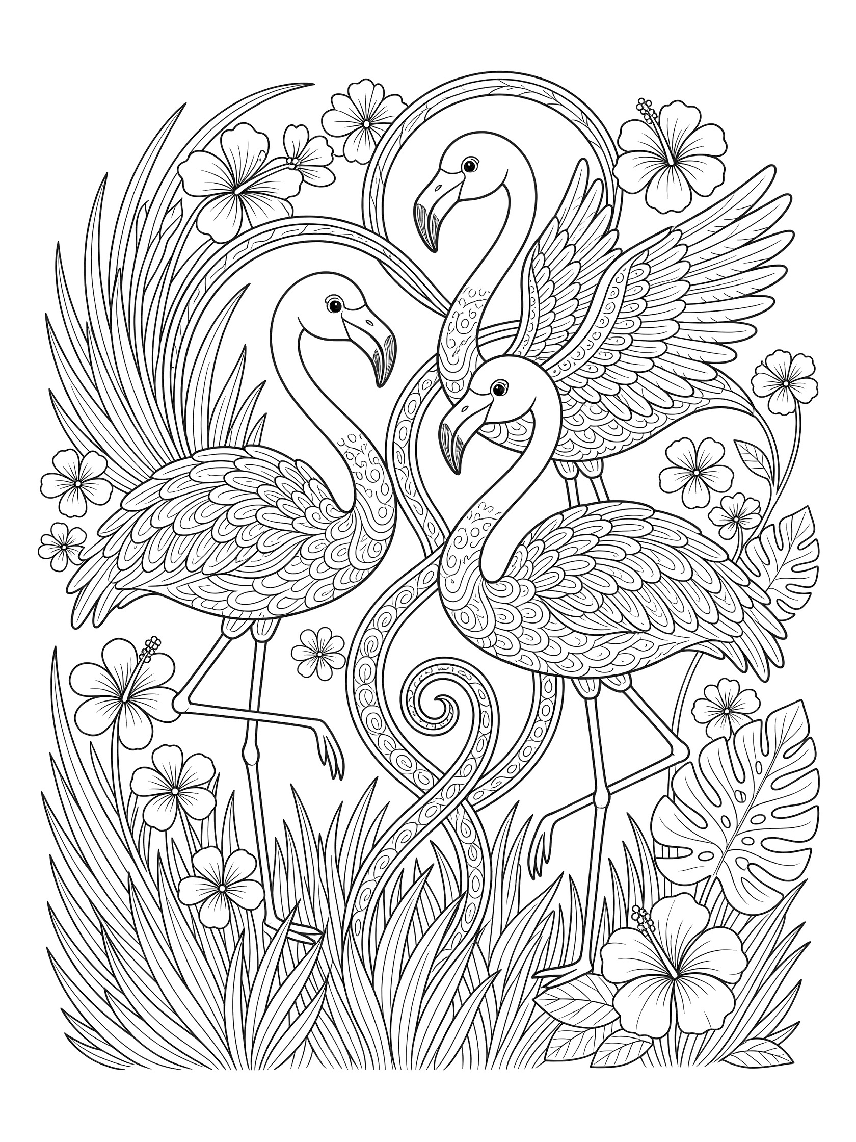 Black and white line art coloring page showing three flamingos with curved intertwined necks dancing amid hibiscus flowers, leaves, and wavy grasses on a white background.