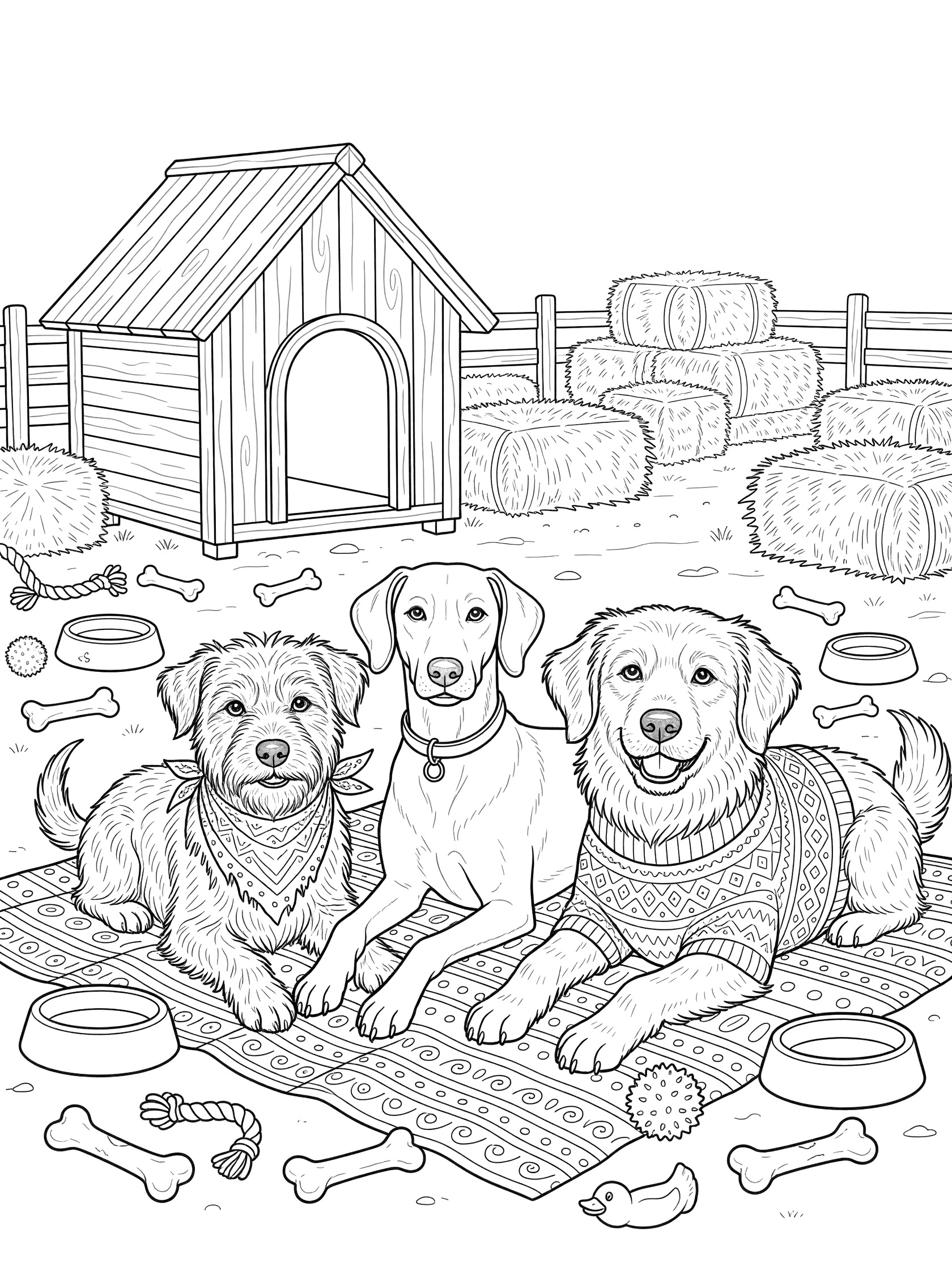 Black and white line art coloring page of three different dogs with collars and bandanas sitting on a patterned blanket in front of a wooden doghouse surrounded by food bowls, chew bones, toys, and hay bales in a yard. Rescue Dogs themed black and white printable line art