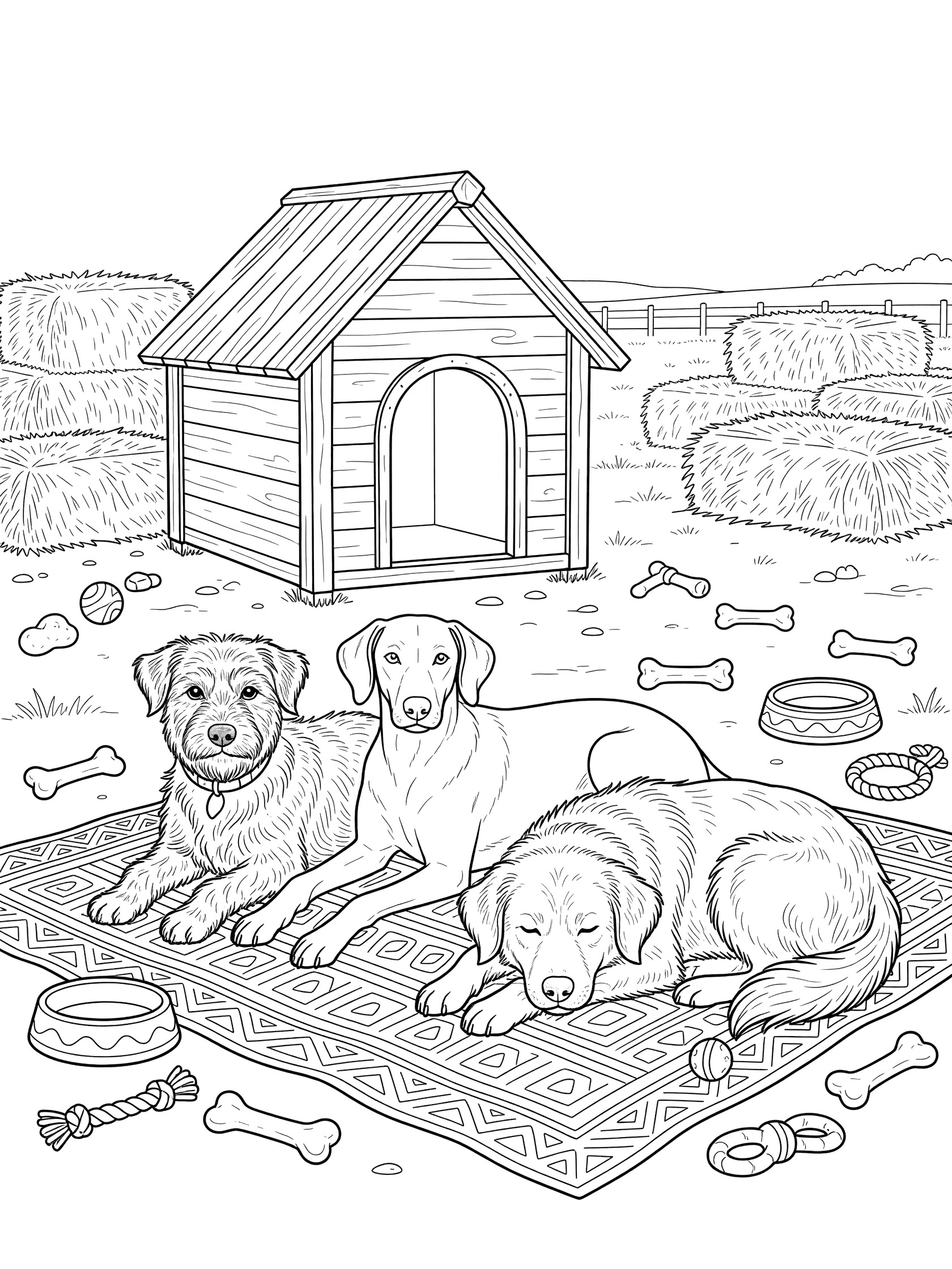 Black and white line art coloring page of three dogs lying on a patterned blanket in front of a doghouse, with scattered bones, toys, bowls, and hay bales in a yard. Rescue Dogs themed black and white printable line art
