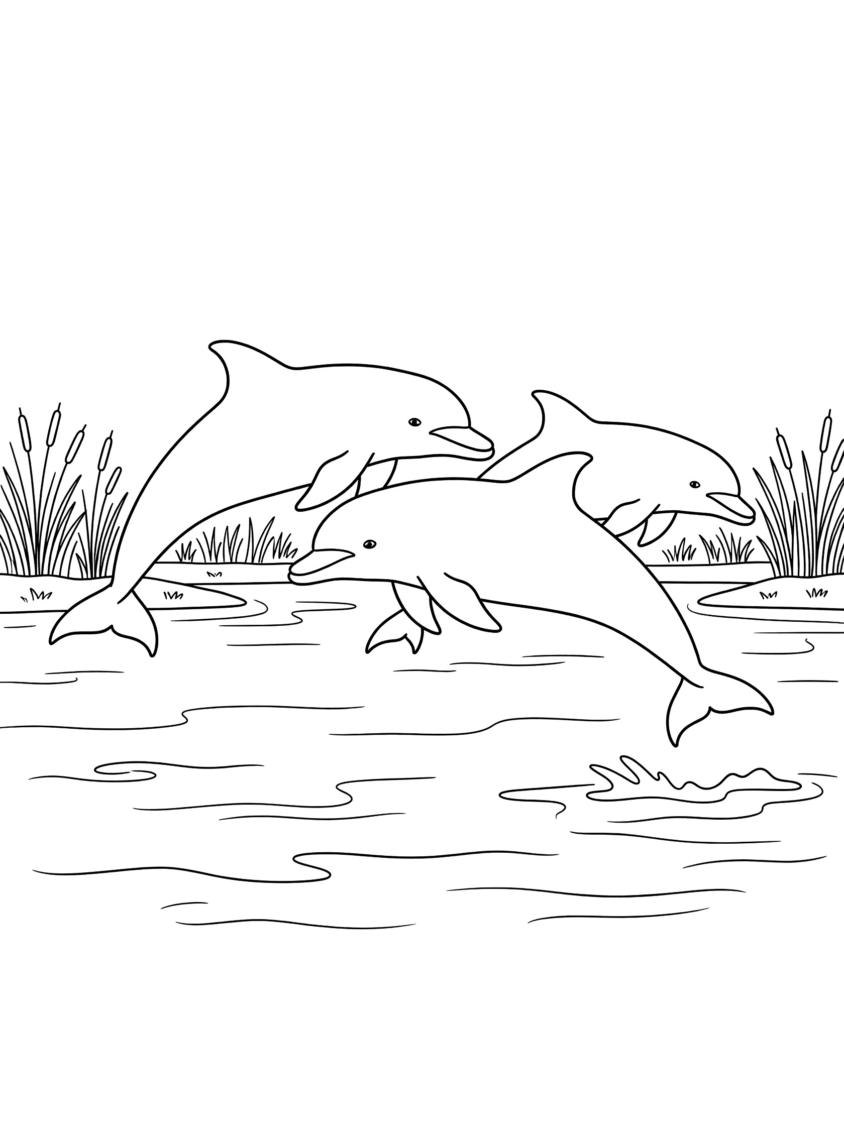 Black and white line art coloring page showing three dolphins leaping from rippling river water with tall reeds along the edges. Amazon themed black and white printable line art