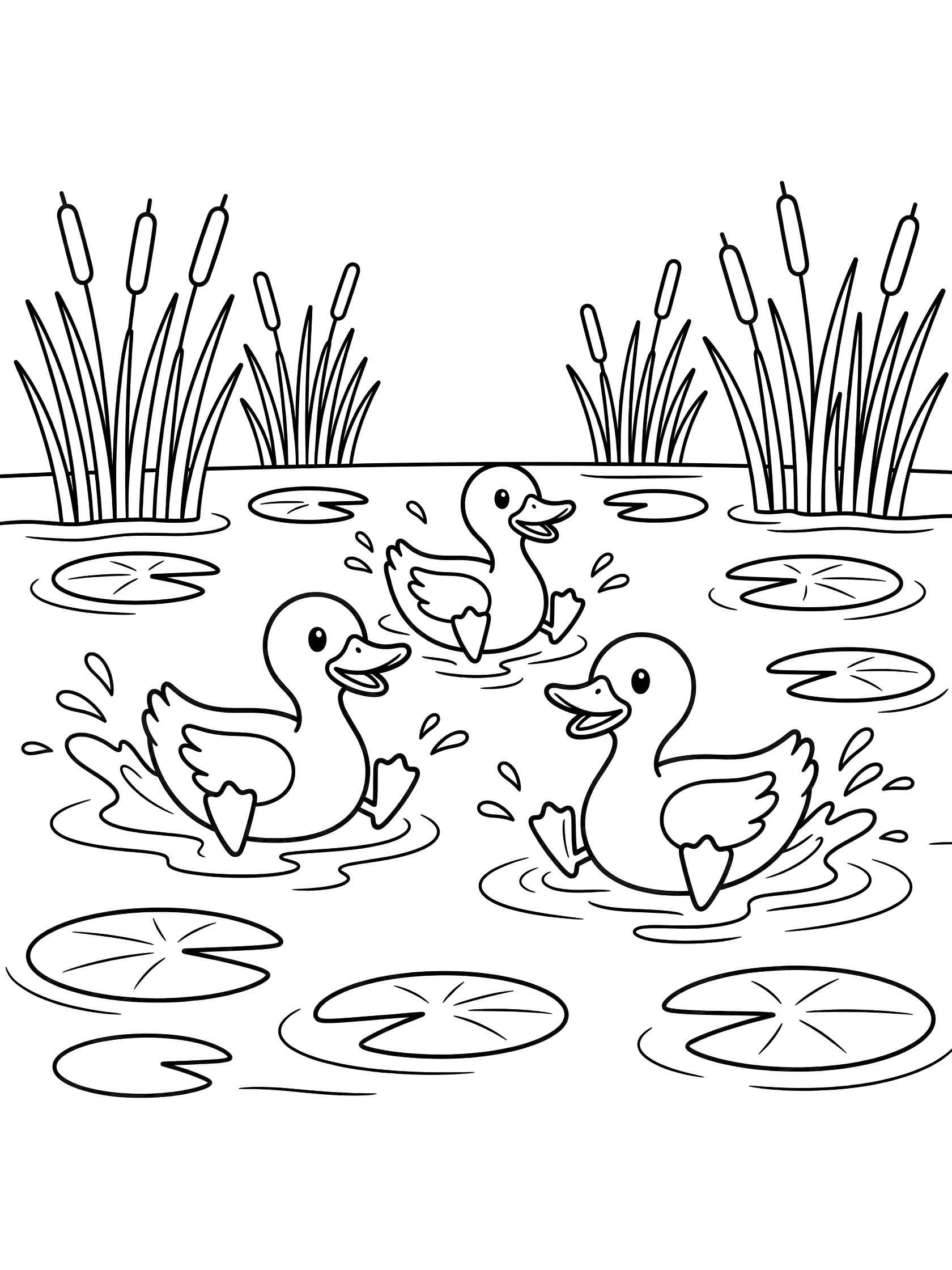 Black and white line art coloring page showing three ducks swimming and splashing in a pond surrounded by lily pads and tall reeds.