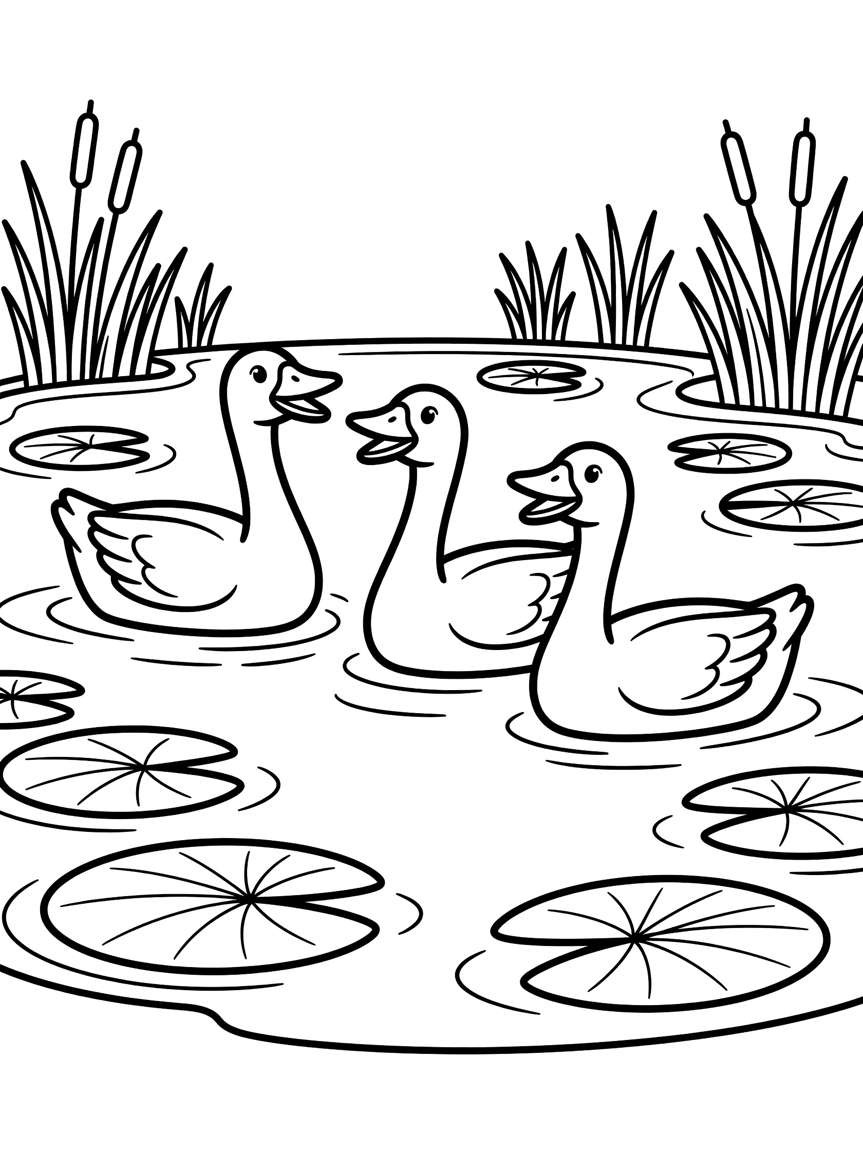 Black and white line art coloring page showing three ducks swimming together in a pond surrounded by lily pads and tall reeds. Geese themed black and white printable line art