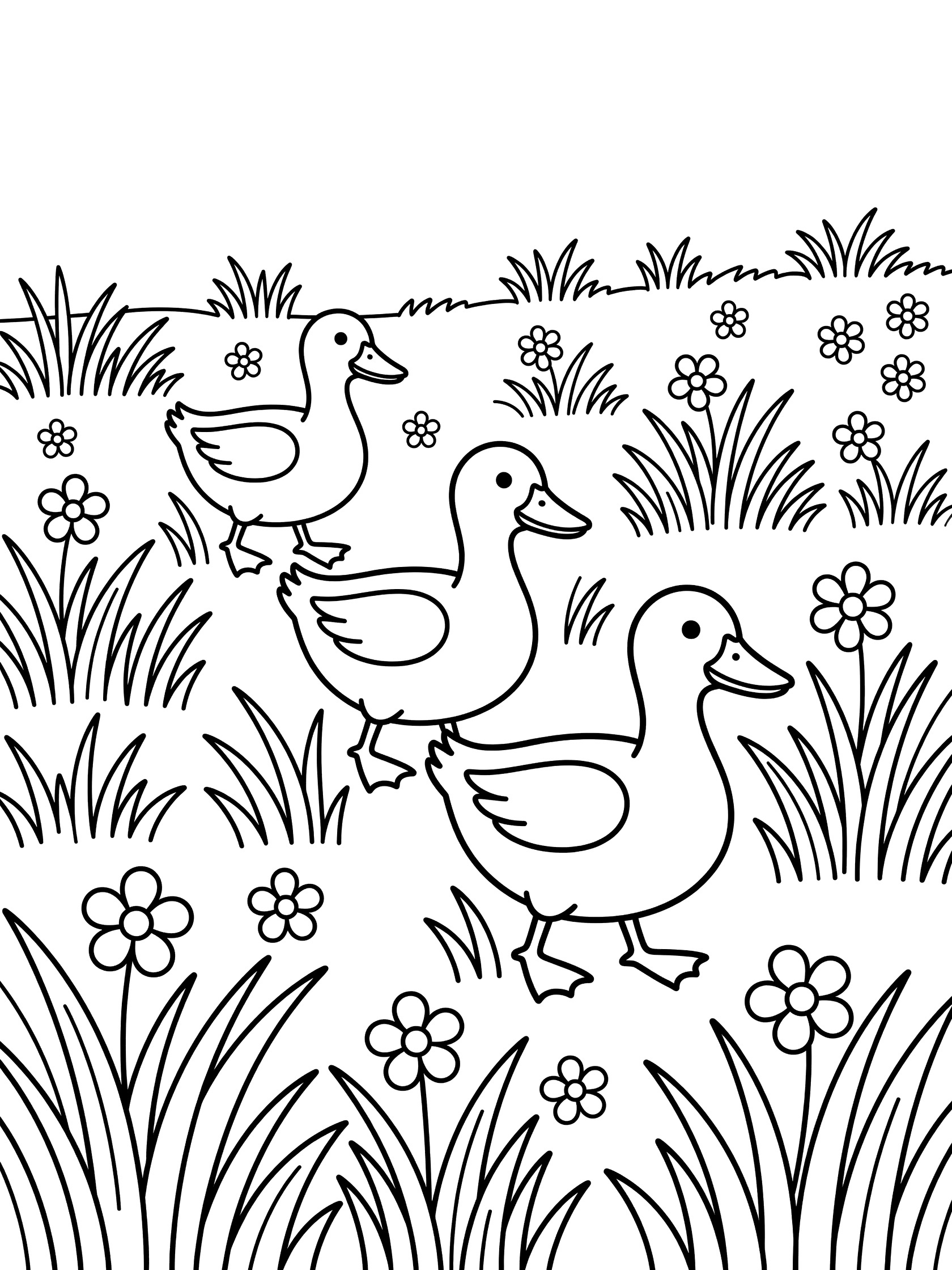 Black and white line art coloring page showing three ducks waddling in a line amid tall grass and simple flowers.