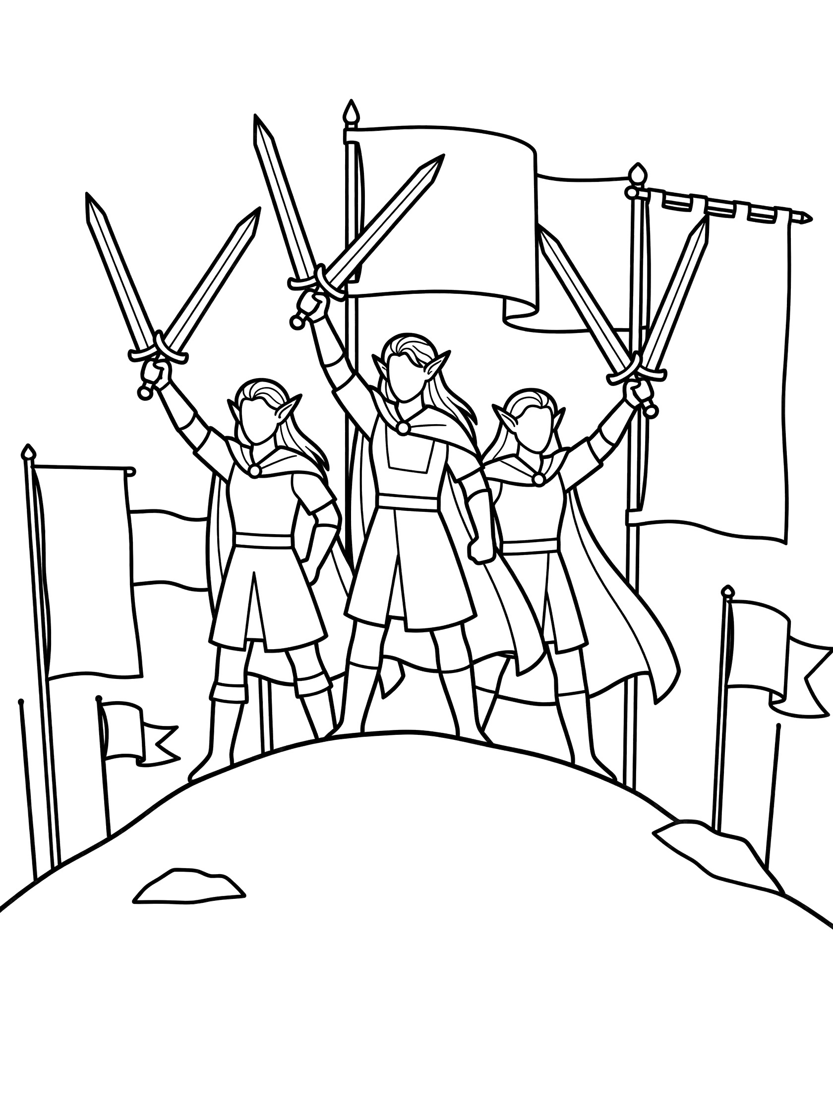 Black and white coloring page of three elf warriors in armor with long ears, holding swords up high and flags on a hilltop. Warrior Elves themed black and white printable line art