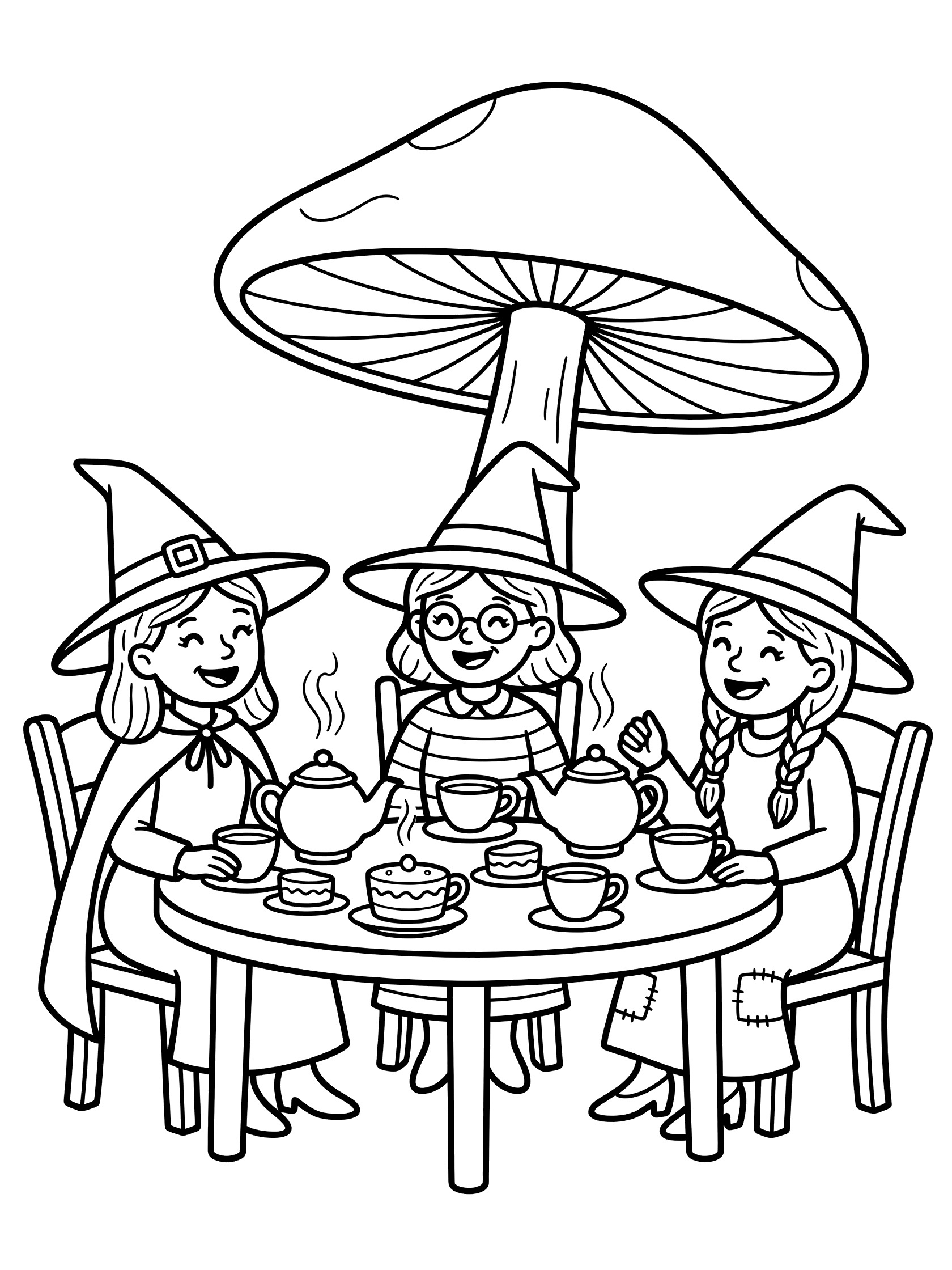 Black and white line art of three happy witches in pointy hats sitting at a round table for tea under a large mushroom. Teapots pour steam, cups and cakes on table, simple outlines.