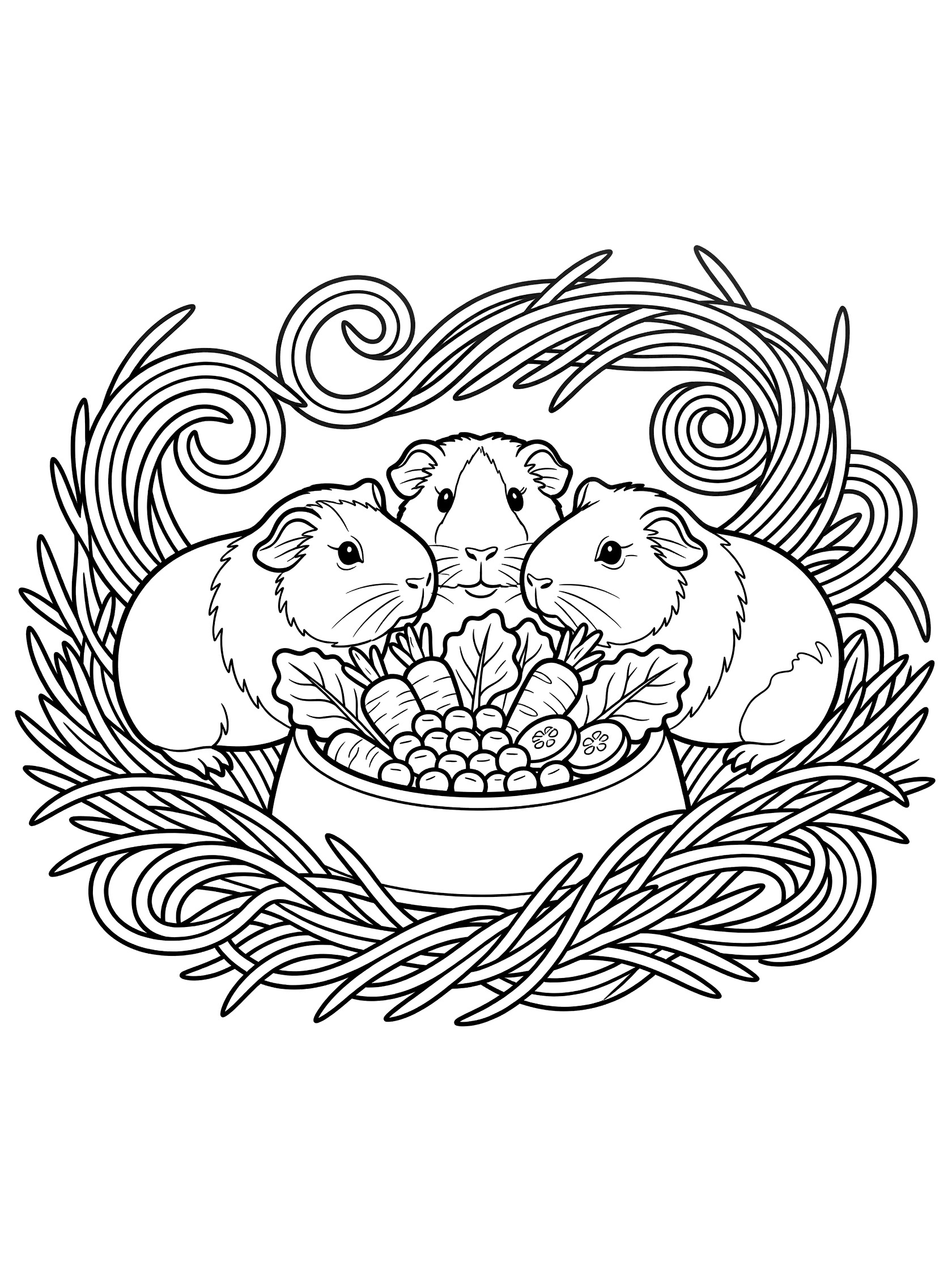 Black and white line art coloring page showing three guinea pigs with big eyes gathered around a food bowl filled with pellets, carrots, and leafy greens. Swirly hay designs frame the scene.