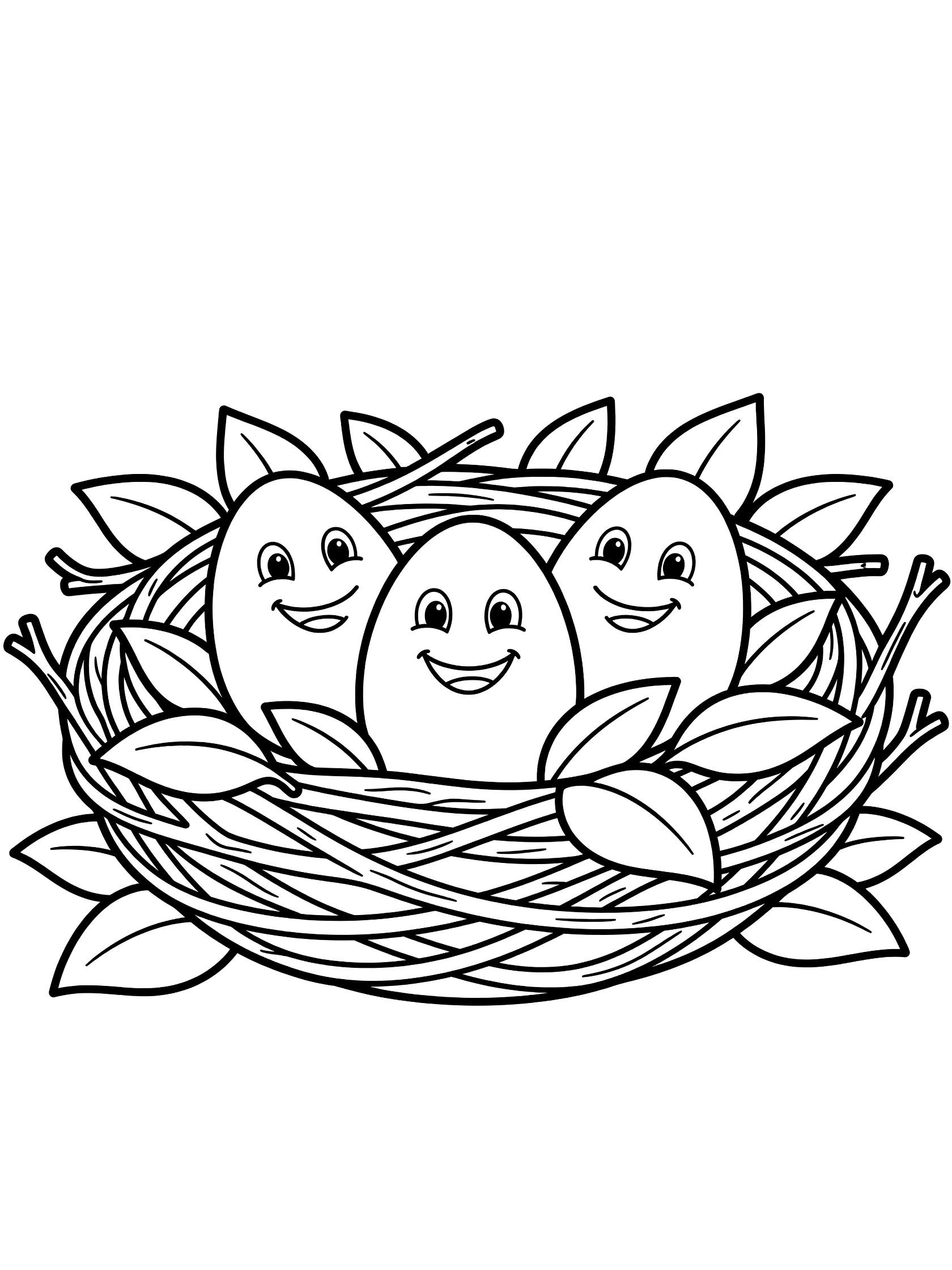 Black and white line art coloring page showing three plump eggs with happy eyes and smiles sitting in a nest of twigs and leaves. Dragon Egg themed black and white printable line art