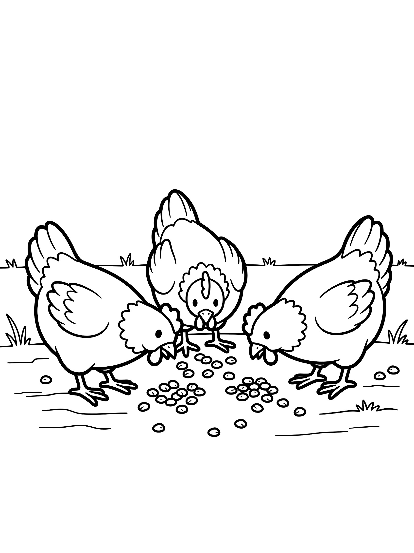 Black and white line art coloring page showing three hens with combs and wings eating scattered seeds on the ground with grass patches.