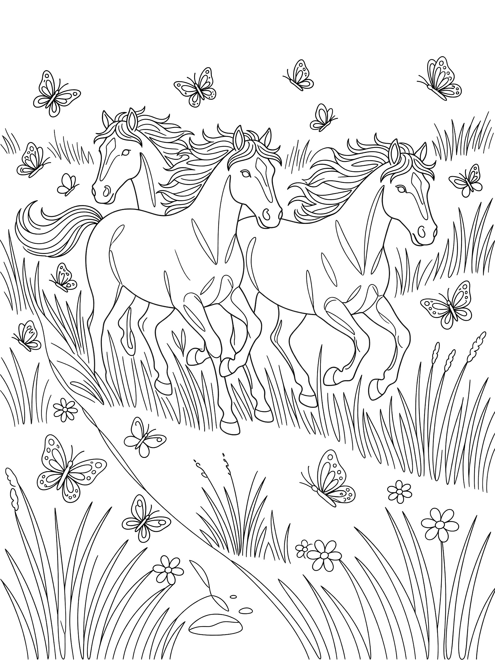 Black and white line art coloring page showing three horses running in tall grass surrounded by flying butterflies. Mustang themed black and white printable line art