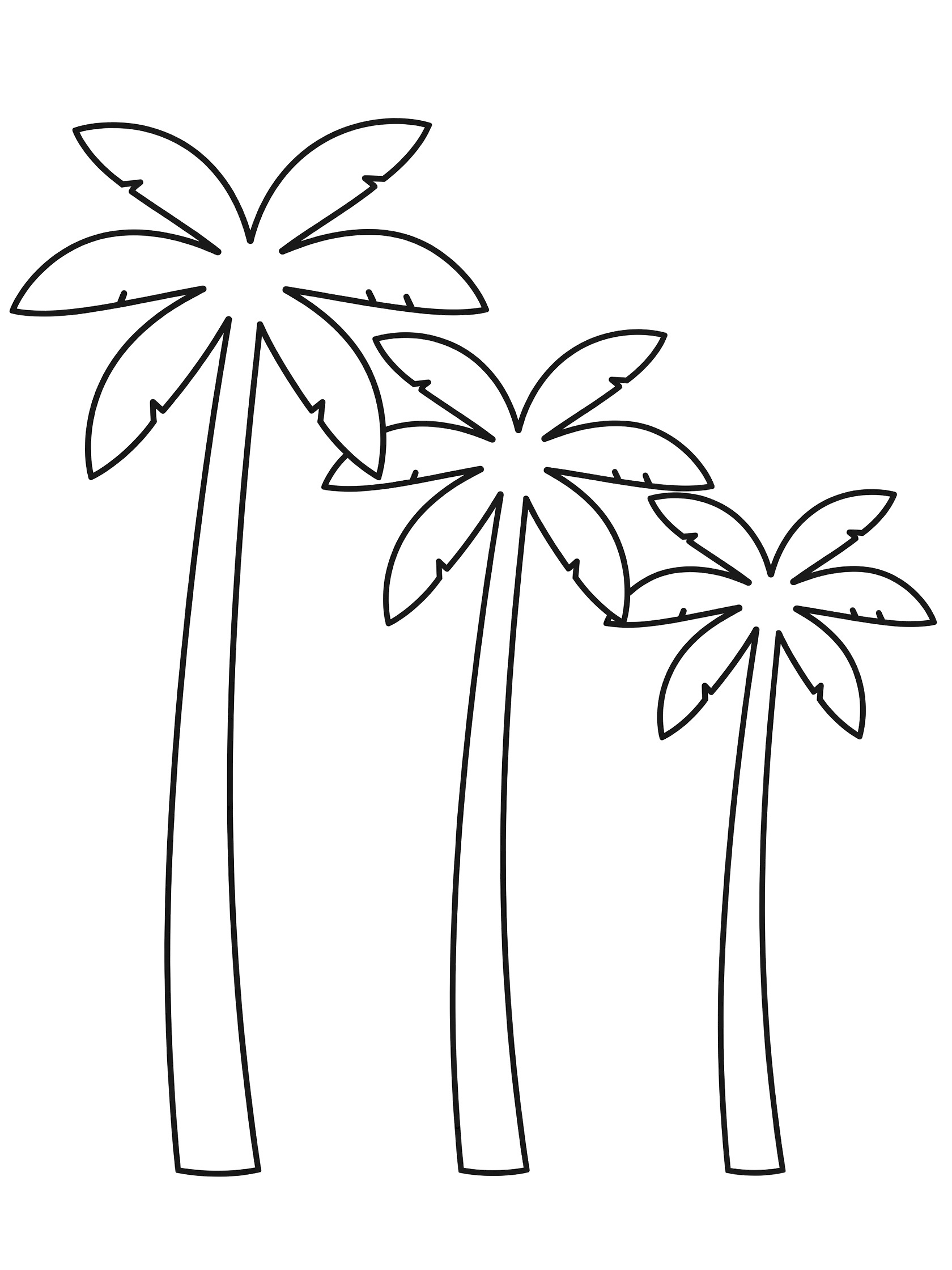 Black and white coloring page showing three palm trees side by side with straight trunks, gentle curves, and simple geometric leaves on a white background.