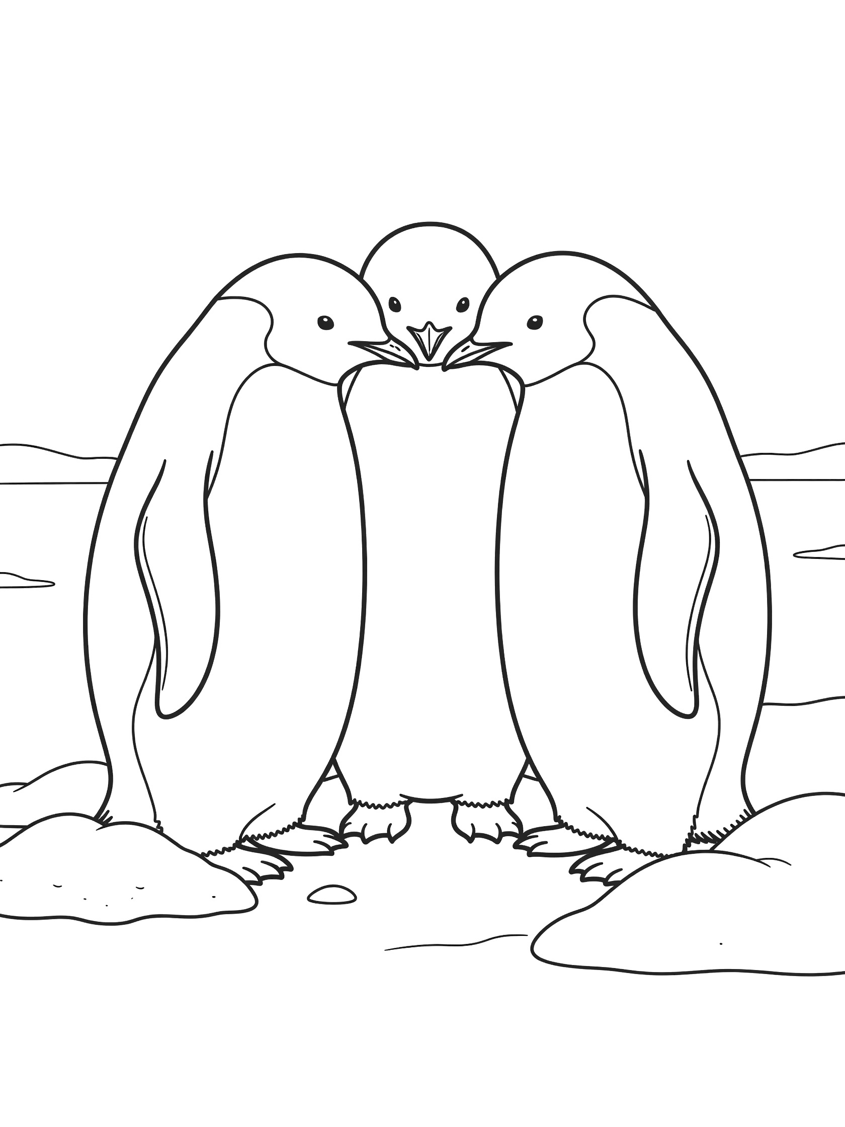Black and white line art coloring page showing three penguins standing close together with beaks touching, feet on snow and ice patches, pure white background.