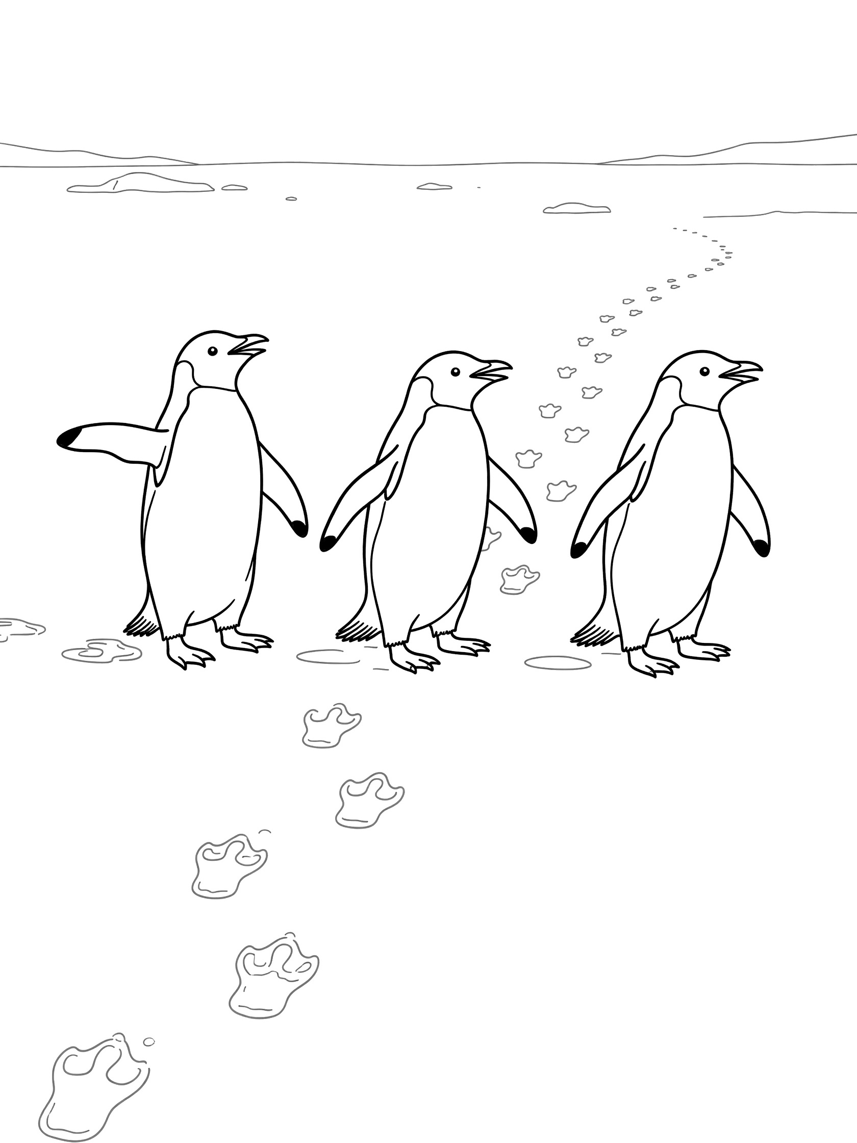 Black and white line art coloring page showing three penguins walking single file across snowy ground with a trail of footprints leading behind them.