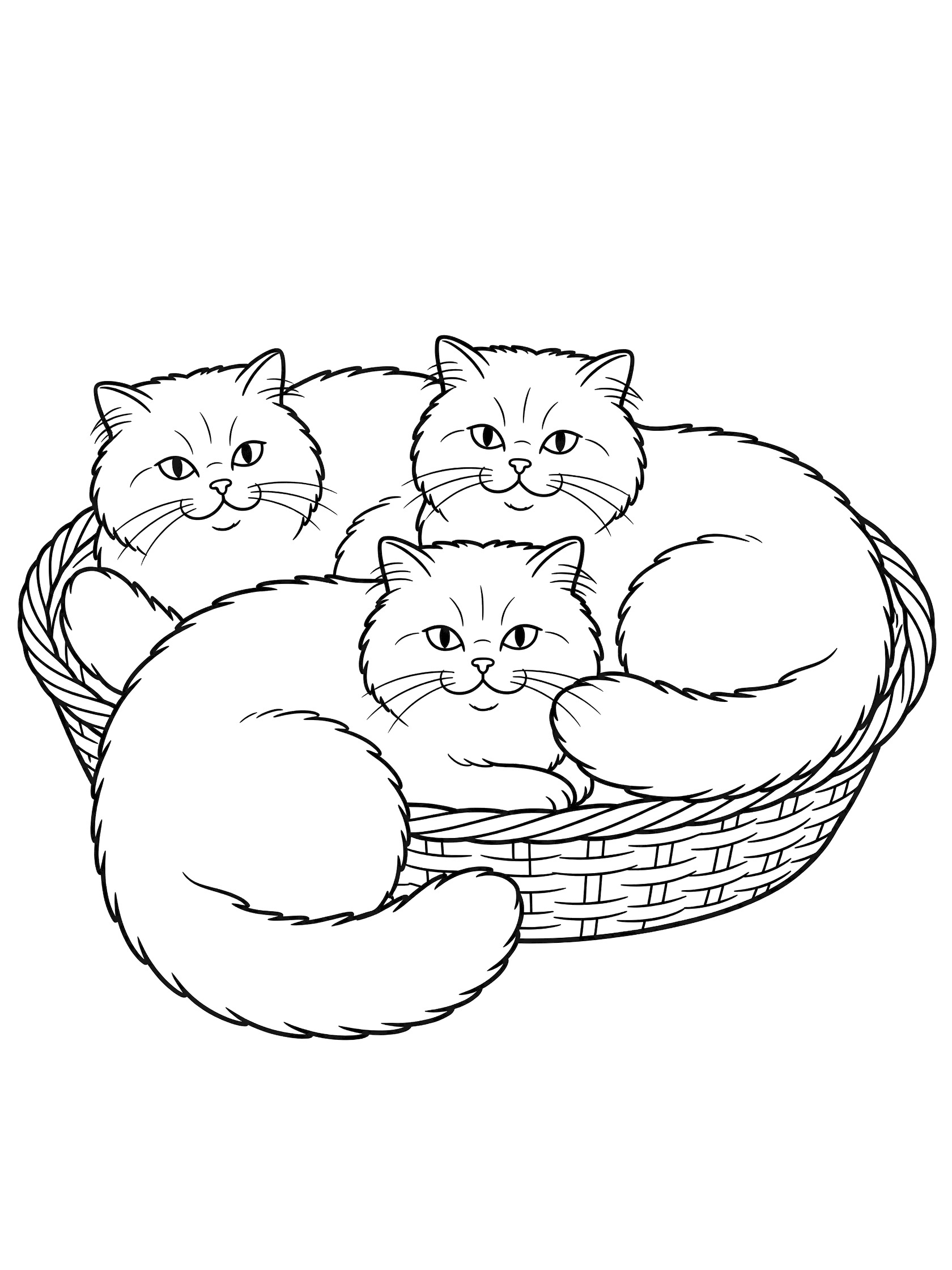 Black and white line art coloring page showing three Persian cats with fluffy fur curled up in a basket, tails overlapping, simple basket weave design.
