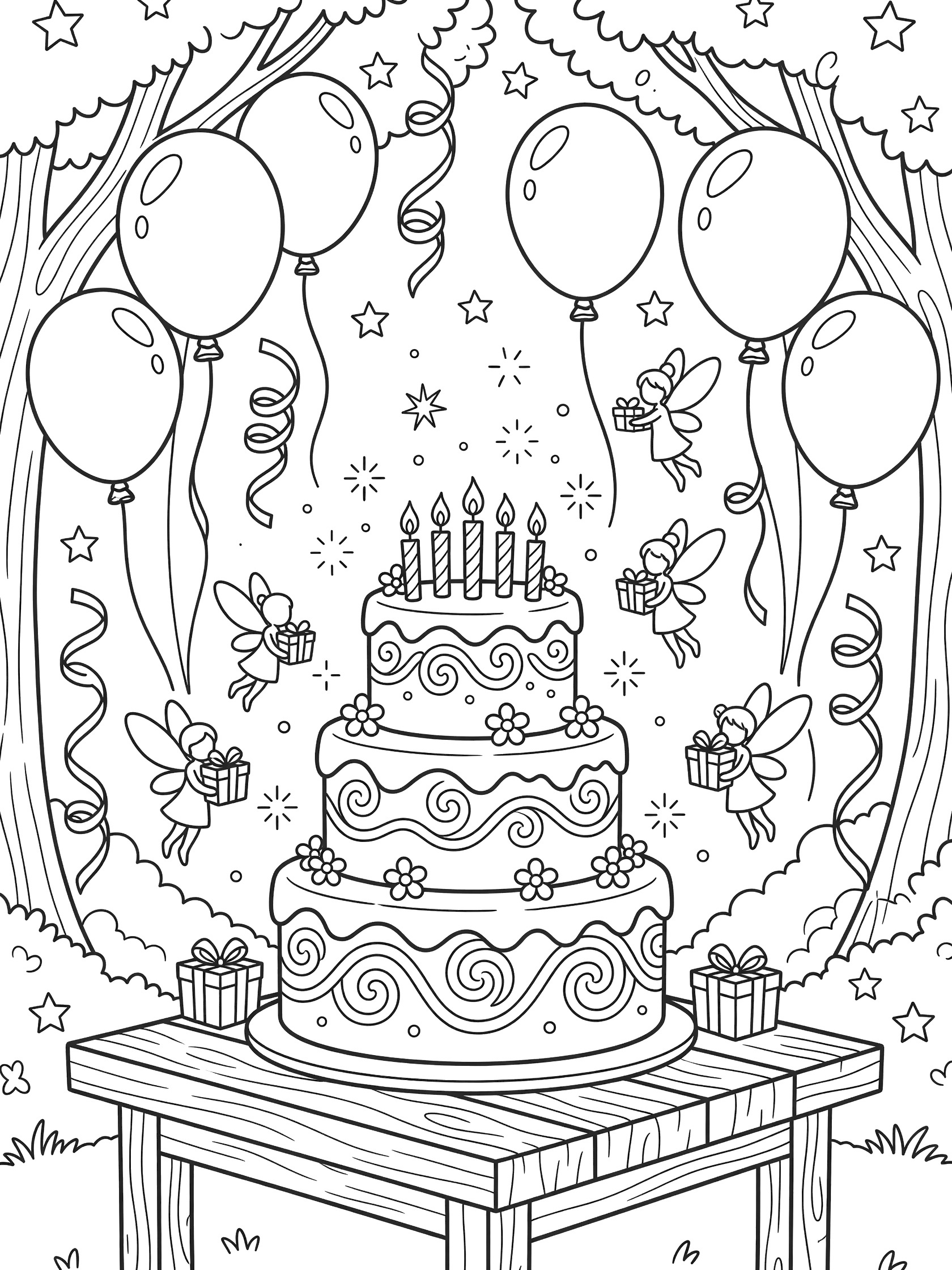 Whimsical line art coloring page showing a tall three-tiered birthday cake with candles, candy flowers, fairies holding gifts, balloons, streamers, and stars on a wooden table in a garden.