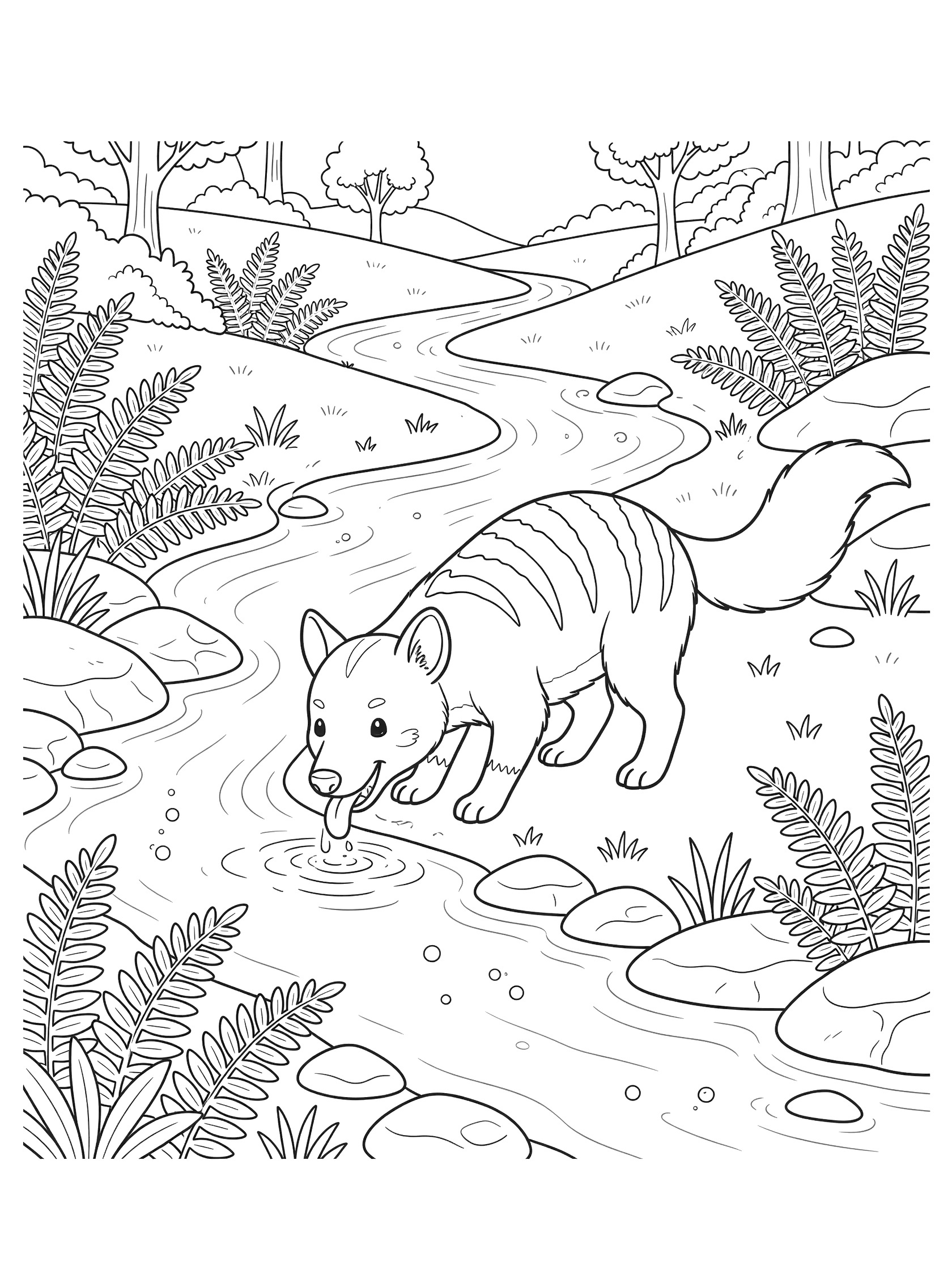 Line art coloring page showing a thylacine with stripes bending to drink water from a stream surrounded by ferns, rocks, trees, and hills