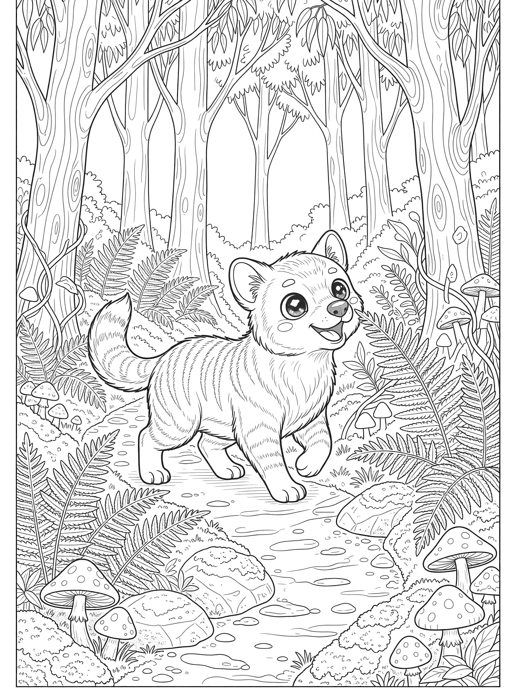 Black and white line art coloring page showing a kawaii Thylacine with big eyes and stripes trotting along a dirt path in a forest with ferns, mushrooms, rocks and tall trees.