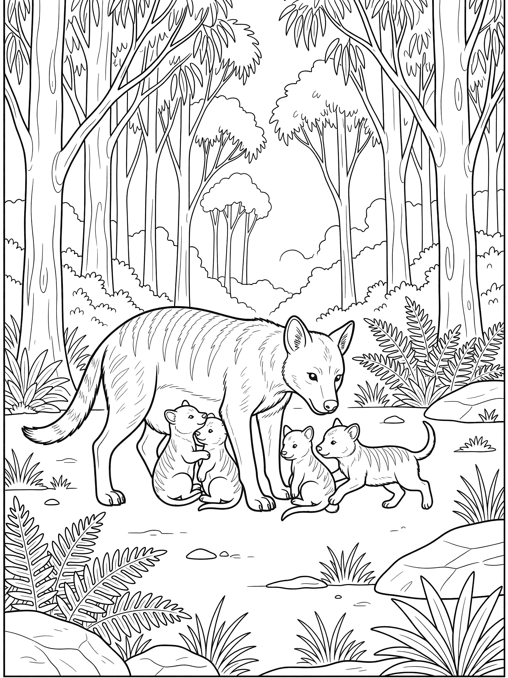 Black-and-white coloring page of a thylacine mother standing with three pups nursing and playing in a forest with eucalyptus trees, ferns, and rocks.