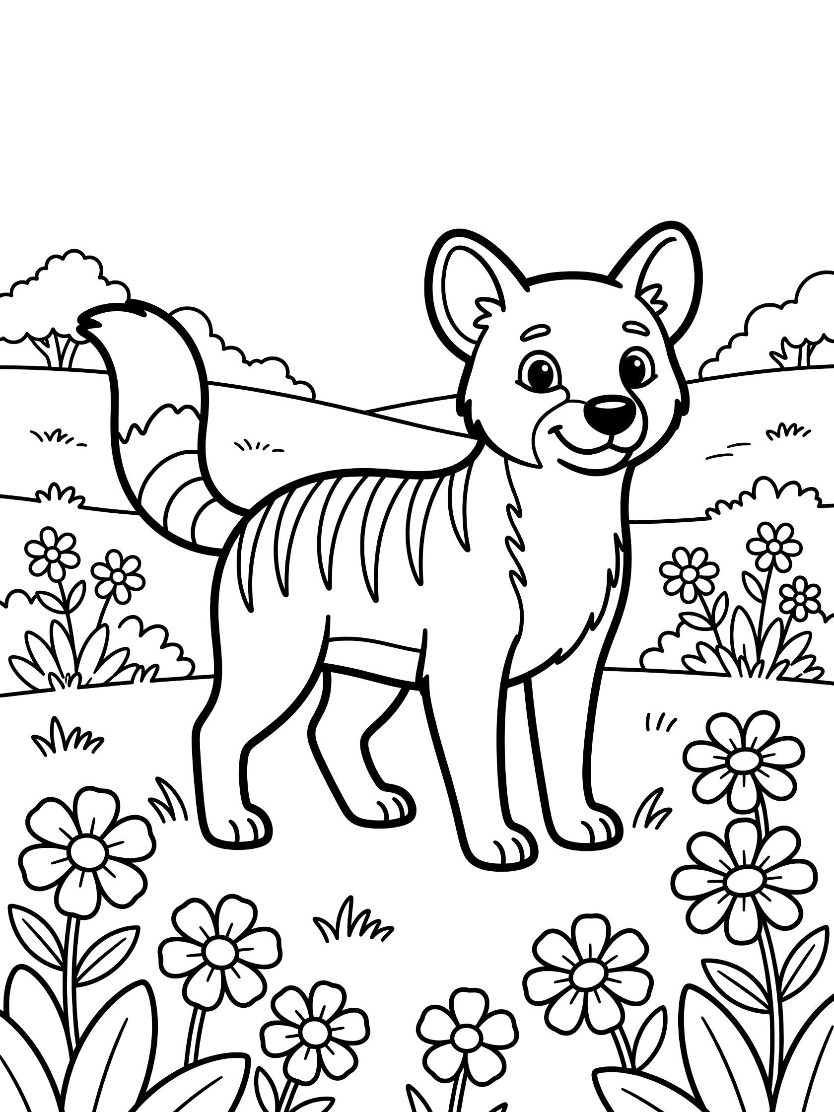 Cute cartoon thylacine with striped back and bushy tail standing in a meadow surrounded by simple flowers and bushes, black and white printable coloring page