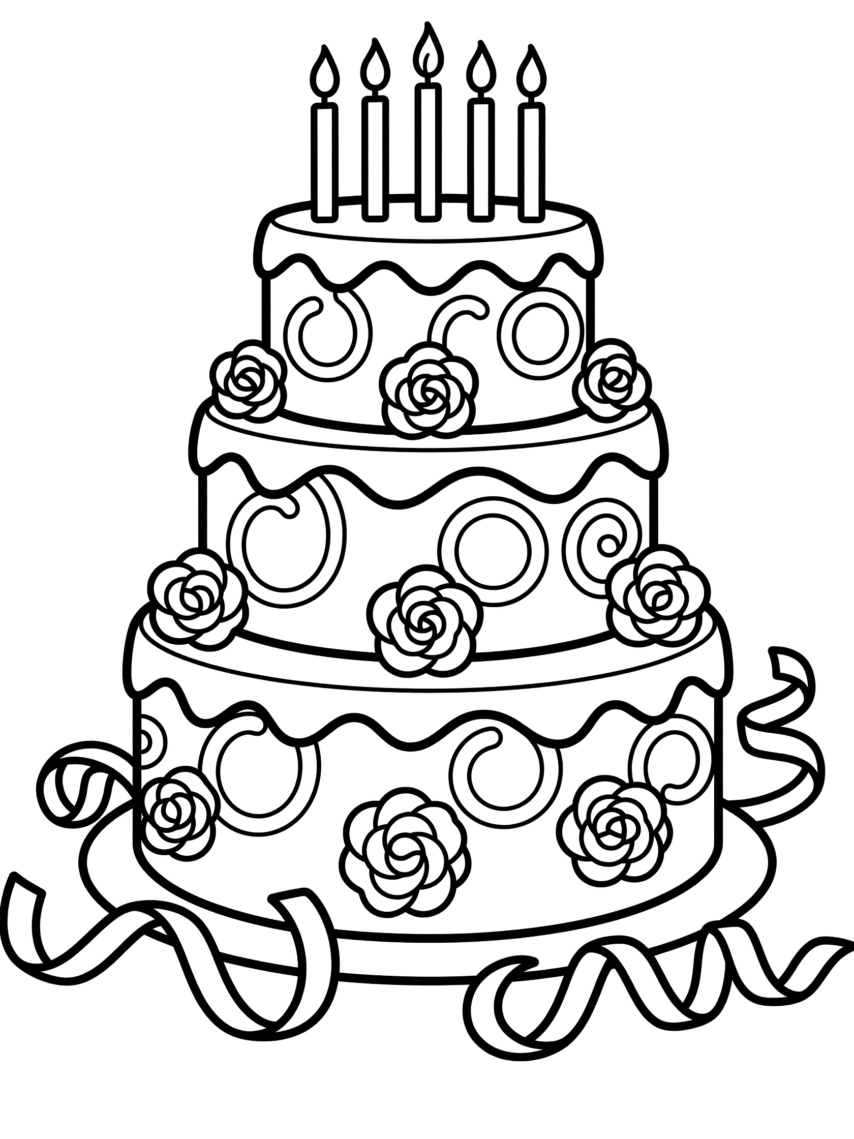 Black and white line art of a three-tier birthday cake with flames on tall candles, flower rosettes, wavy swirls and draping streamers around the base. 30th Birthday themed black and white printable line art