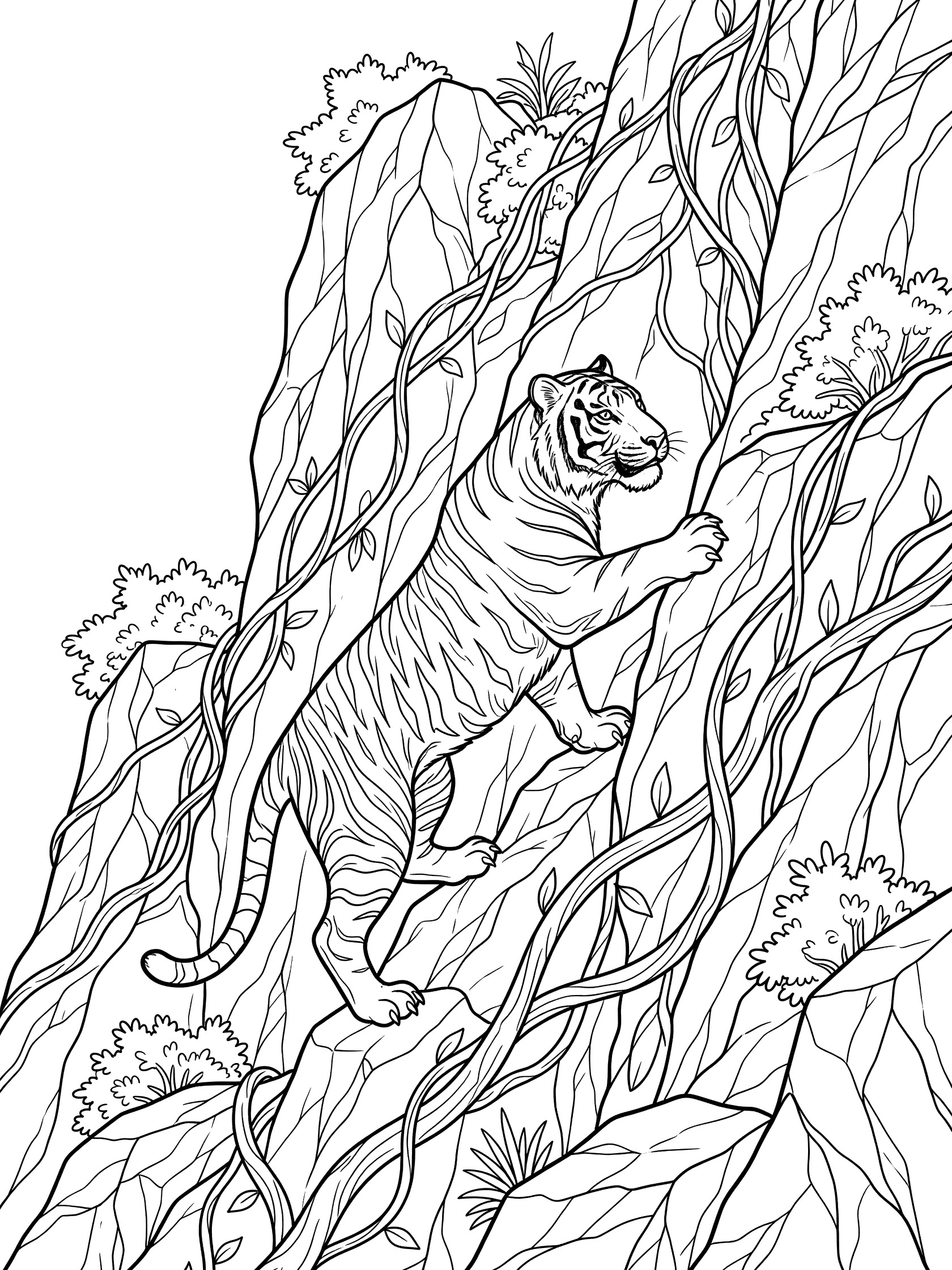 Black and white line art coloring page showing a tiger climbing a rocky cliff with vines, bushes, and plants.