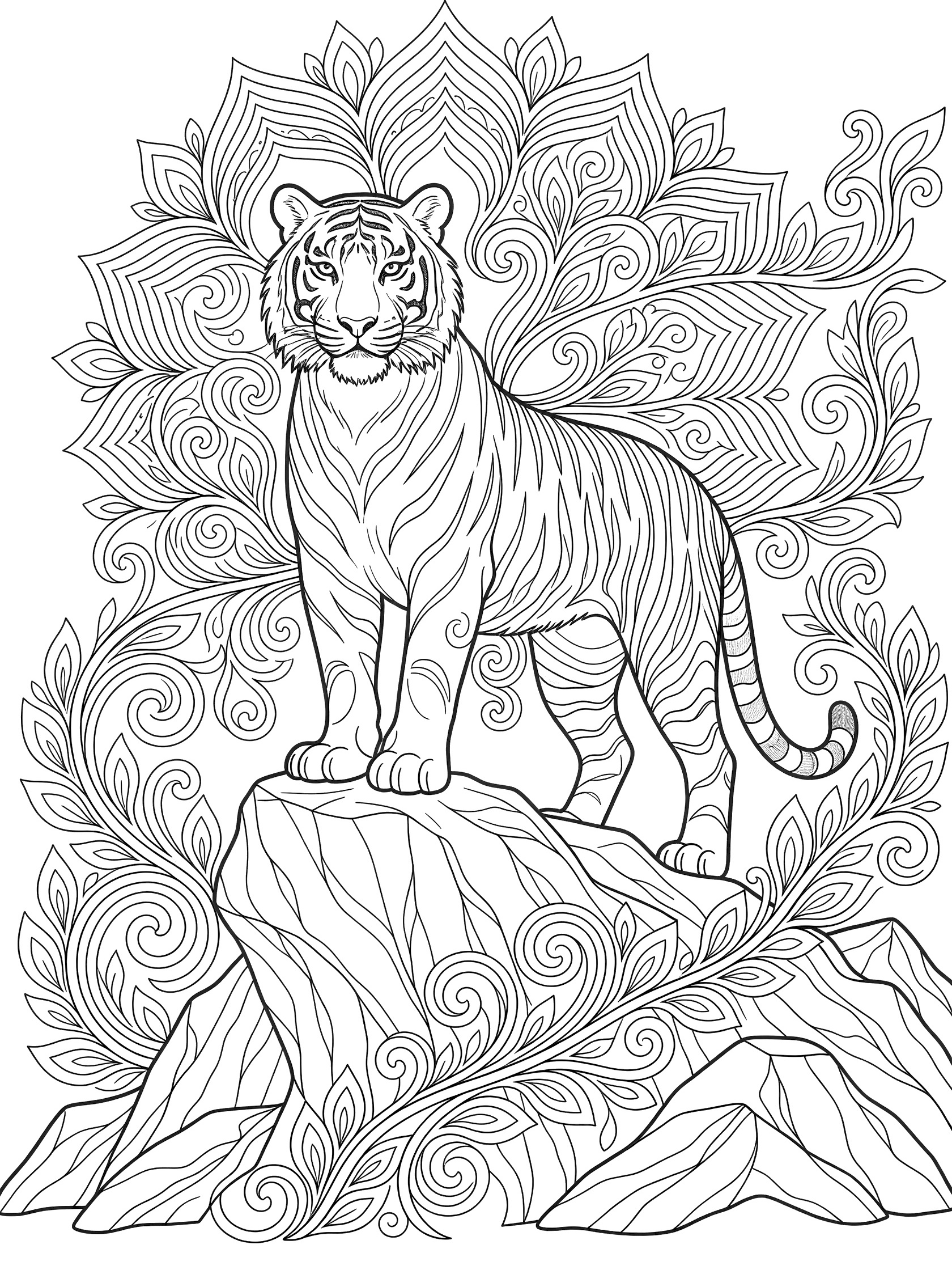 Black and white line art coloring page of a tiger standing on a jagged rock with swirling floral vine patterns around it.