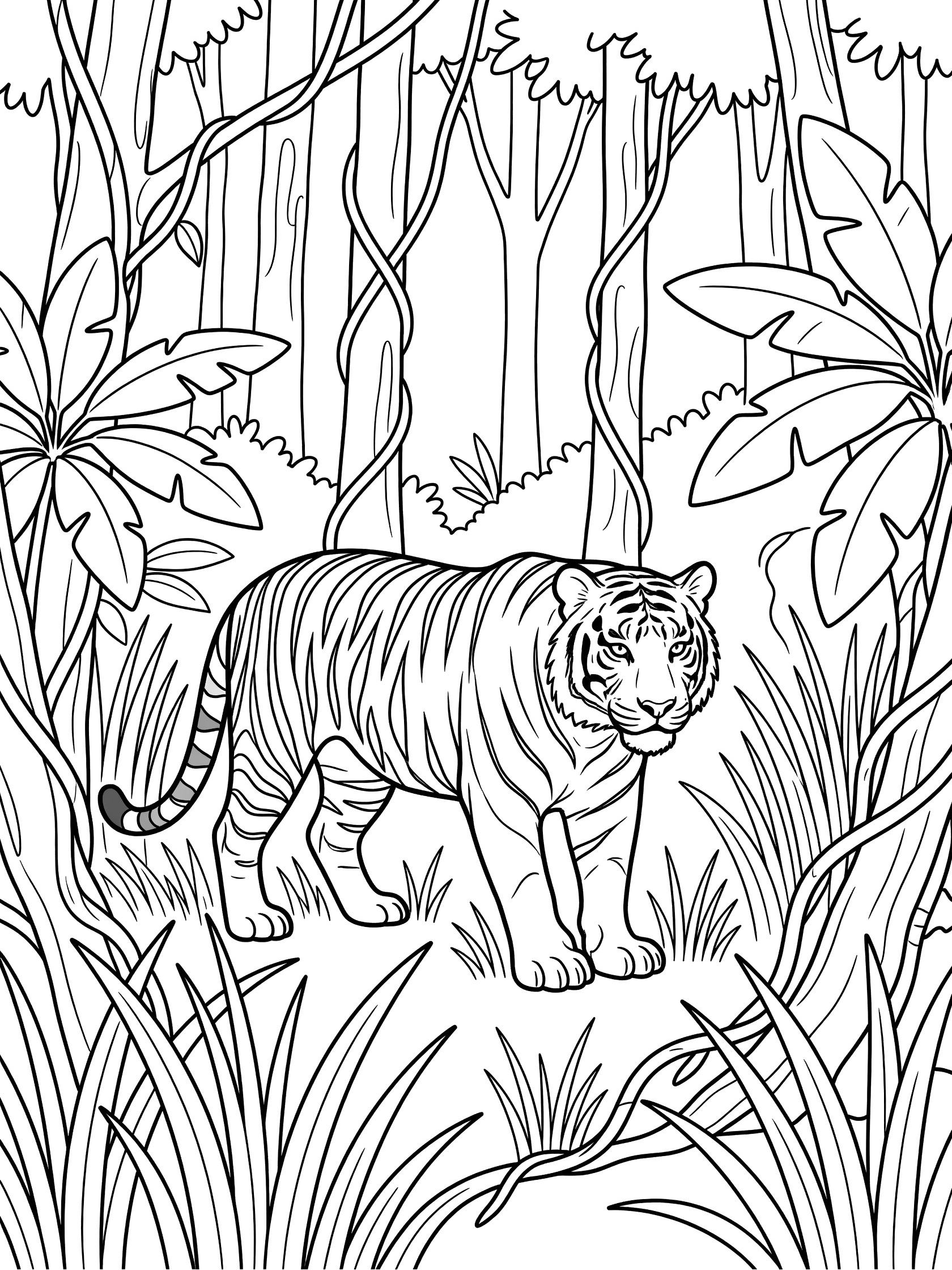 Black and white line art coloring page showing a tiger prowling through jungle with tall grasses, vines, large leaves, and simple tree trunks. Asia Forests themed black and white printable line art