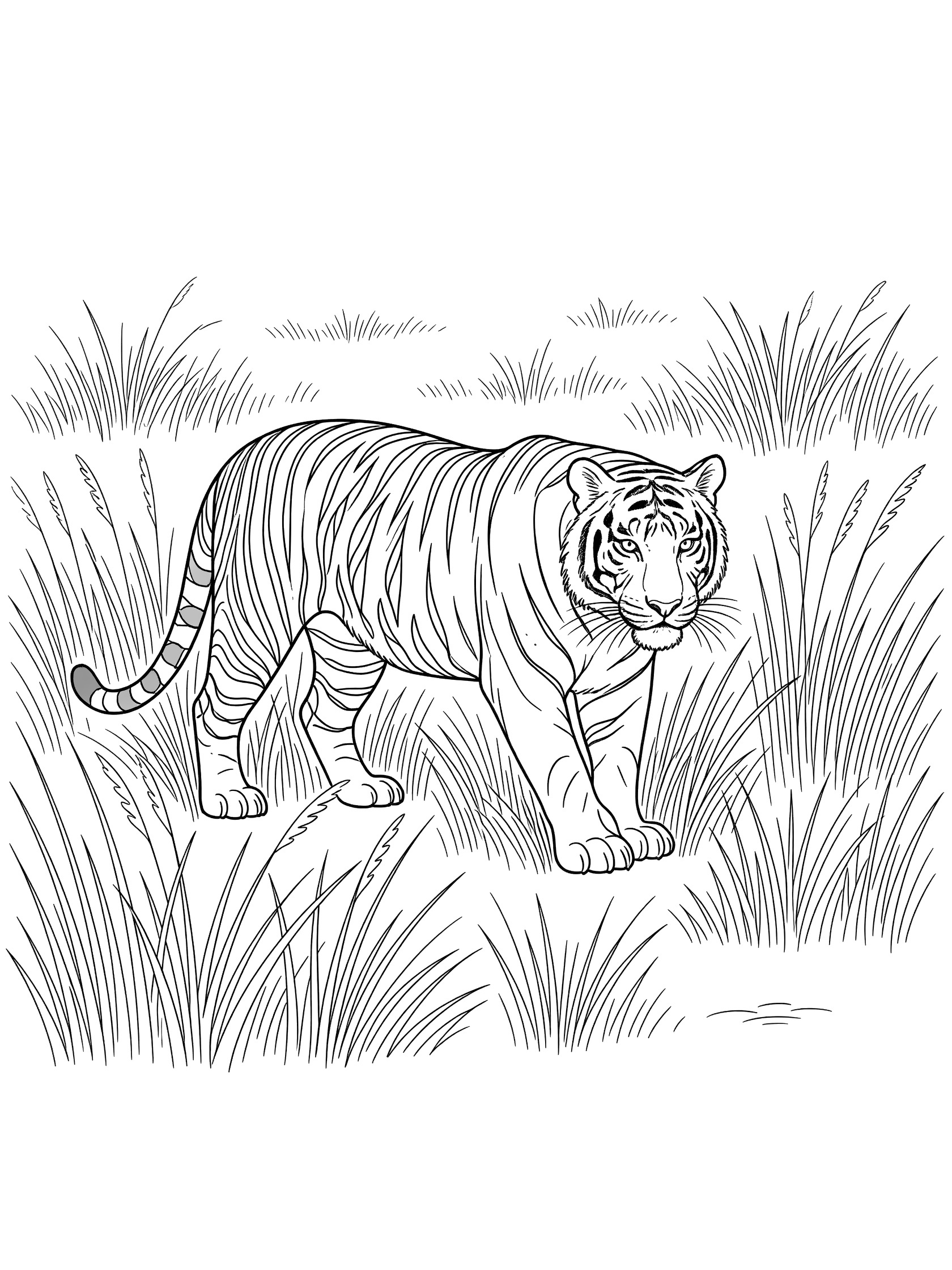 Black and white coloring page showing a tiger stalking through tall grass with stripes, paws, tail, and focused face.