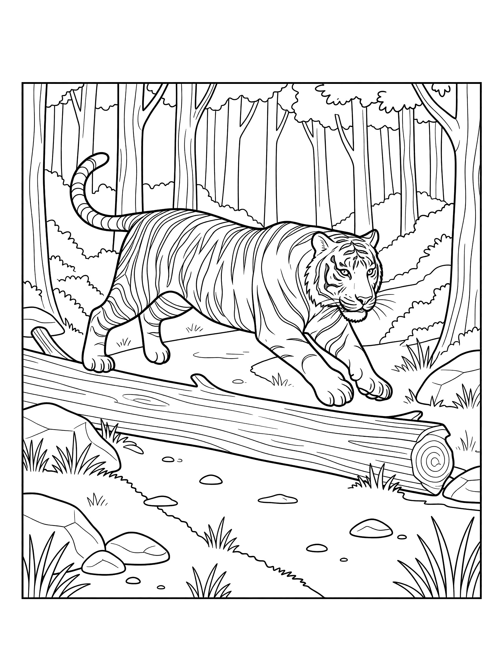 Black and white line art coloring page showing a tiger walking across a fallen log on a forest path with trees and grass.