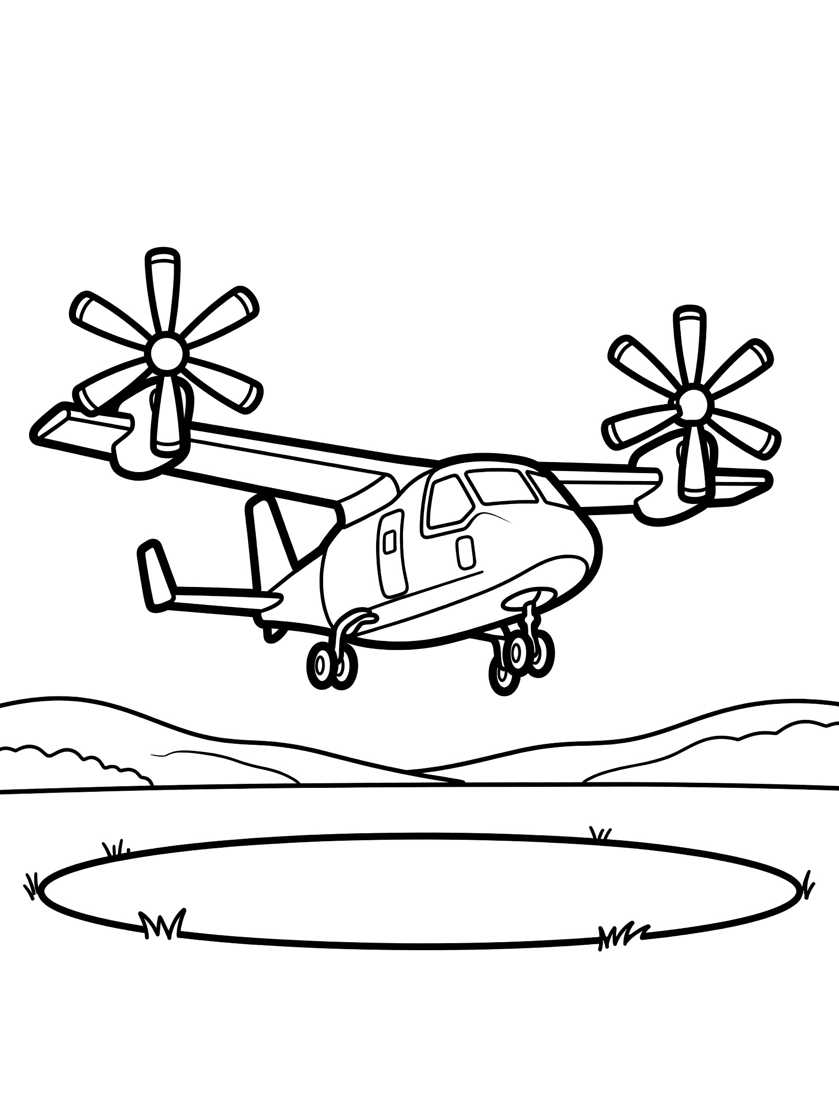 Black and white line art of a tiltrotor plane in vertical takeoff from a round grassy helipad with rolling hills background.