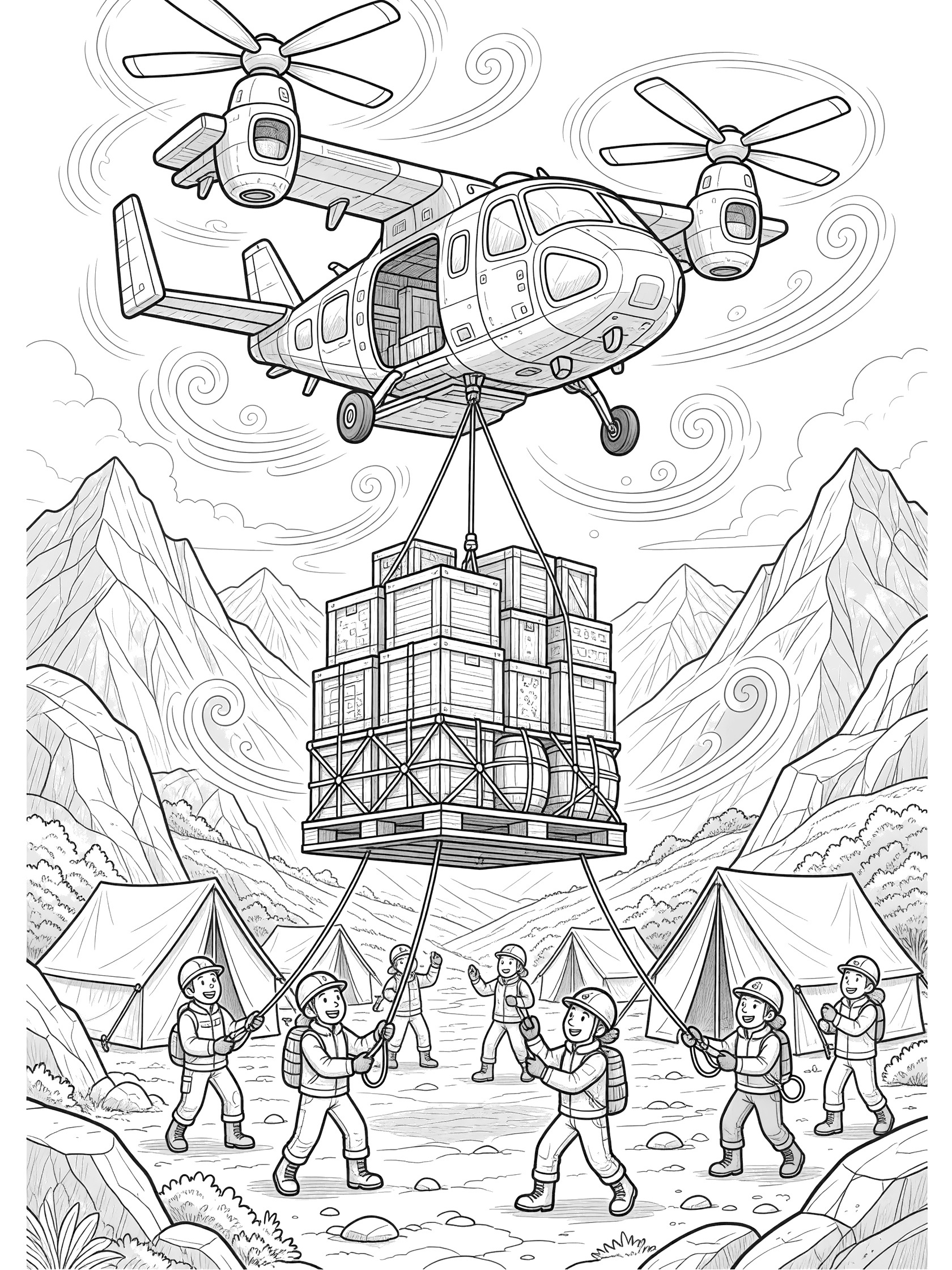 Doodle-style tiltrotor in vertical takeoff mode over rugged mountains, delivering cargo on a cable from its open ramp to excited ground crew holding ropes amid tents and rocky ground.