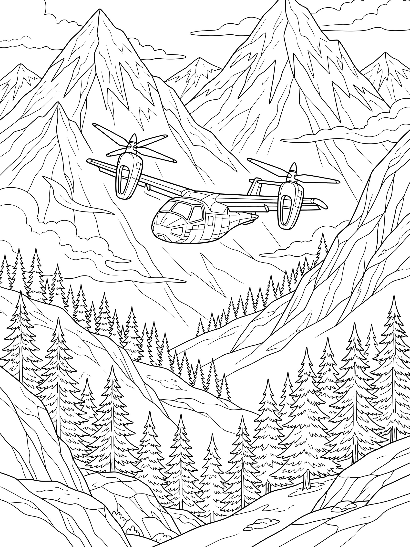 Black-and-white line art of a tiltrotor plane flying through a mountain valley with jagged peaks, pine trees on slopes, and wispy clouds.