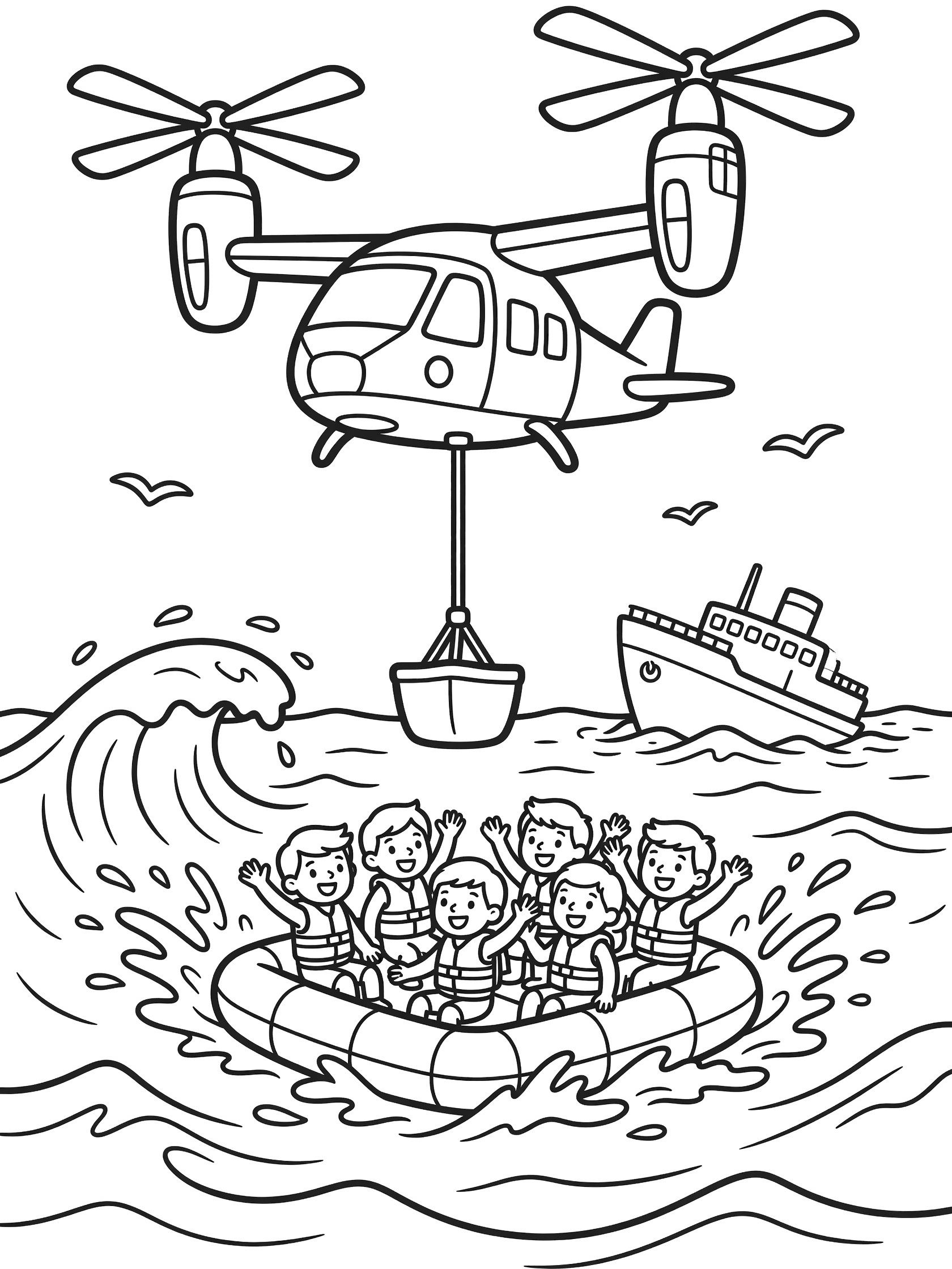 Black-and-white coloring page of a tiltrotor aircraft in hover mode lowering a rescue basket to kids on a life raft in choppy ocean waves, with distant sinking ship.