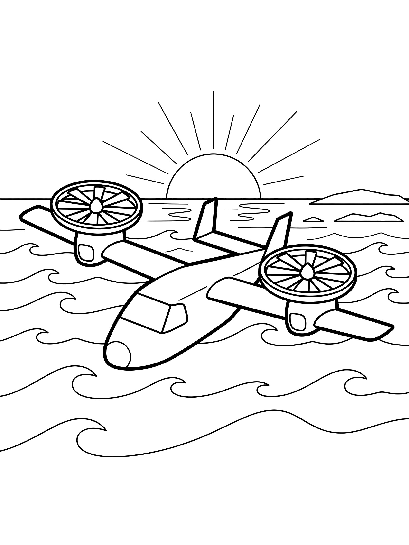 Black and white line art of a tiltrotor plane with tilted rotors flying forward over calm ocean waves, distant islands, and a large setting sun with rays.