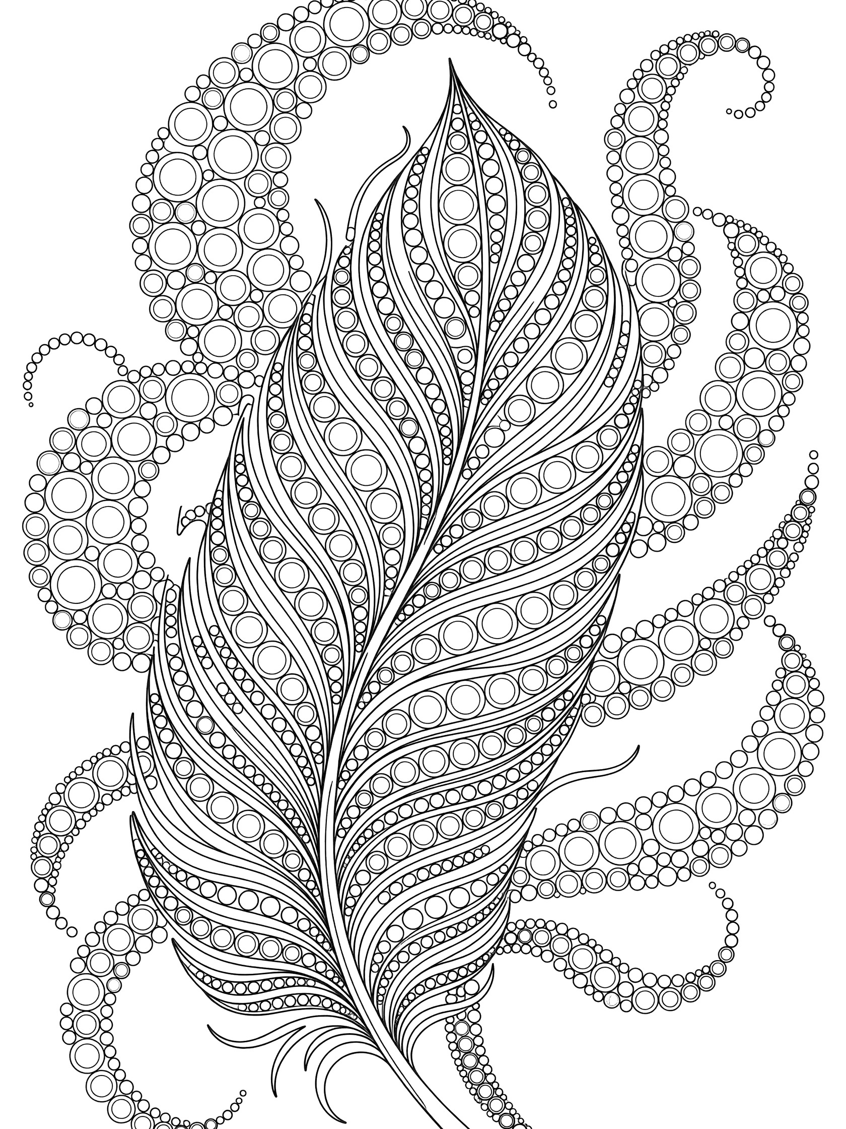 Black and white coloring page of a majestic feather plume made from Tipple patterns with dense circles, curving barbs, and symmetrical wisps on a white background.