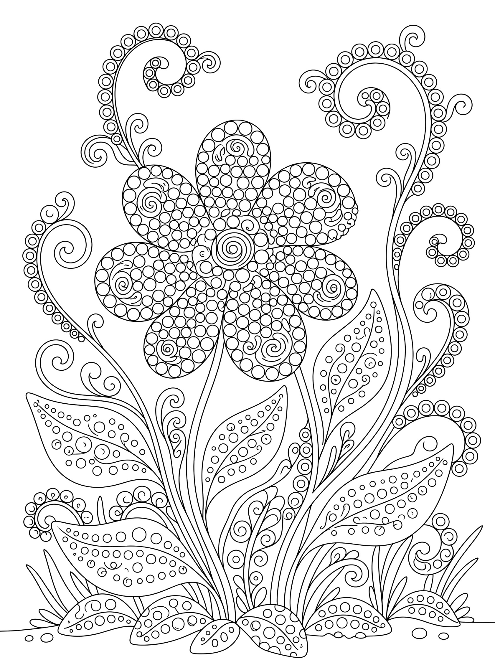 Black and white Tipple flower coloring page showing a central flower with circle patterns on petals, curvy stems, dotted leaves and ground foliage.