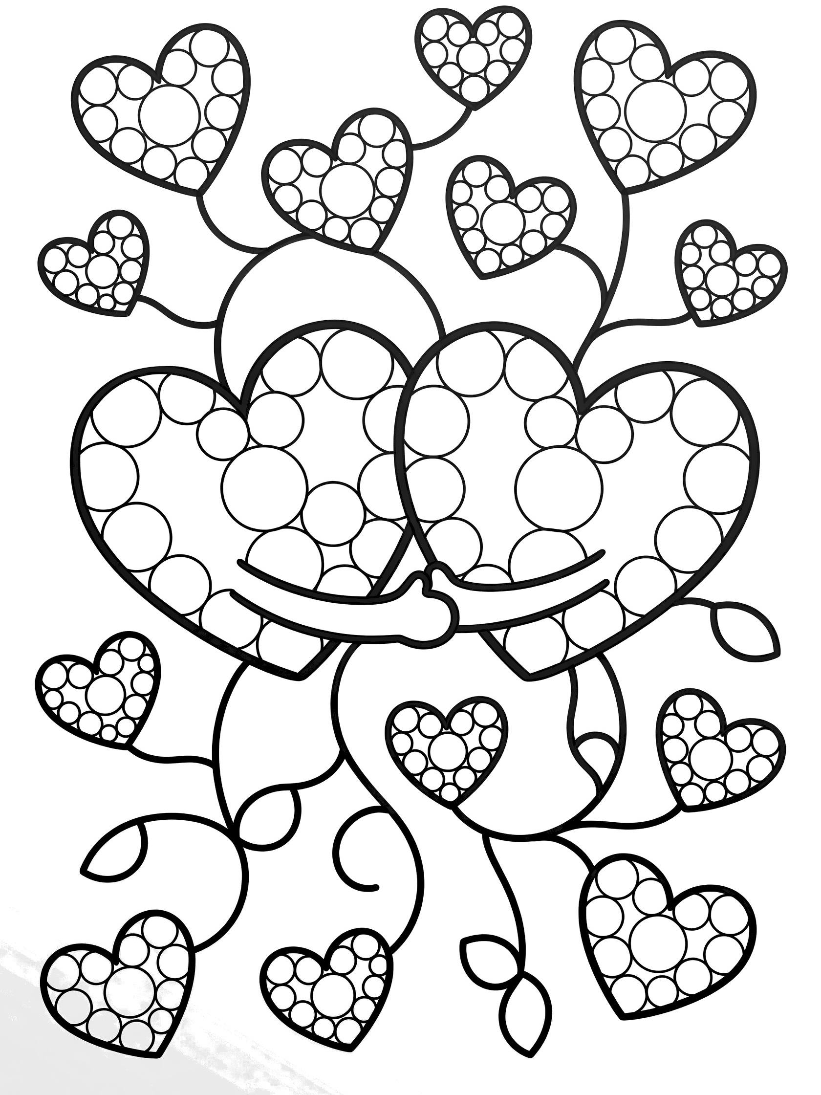 Kawaii line art coloring page of two large Tipple pattern hearts linking arms in a friendly embrace, with floating small hearts and vines in a balanced Zentangle layout.
