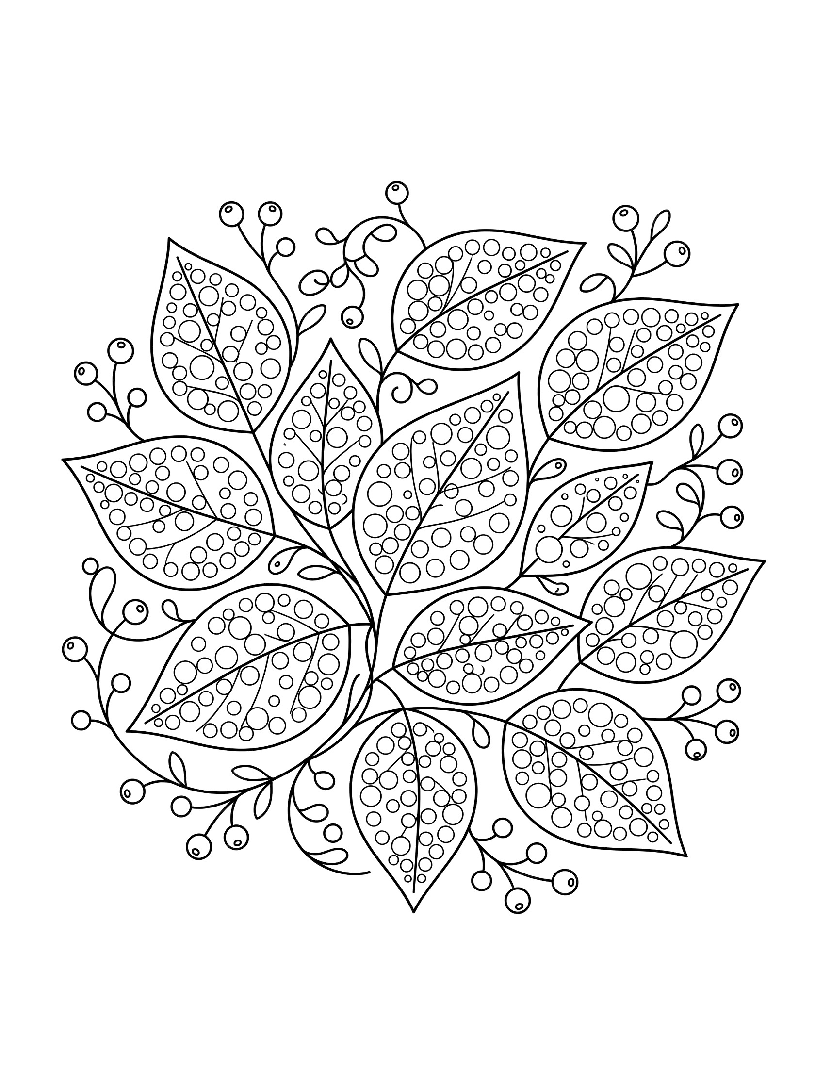 Printable coloring page showing a swirl of big leaves filled with Tipple dot patterns, connected by curly vines and tiny berries.