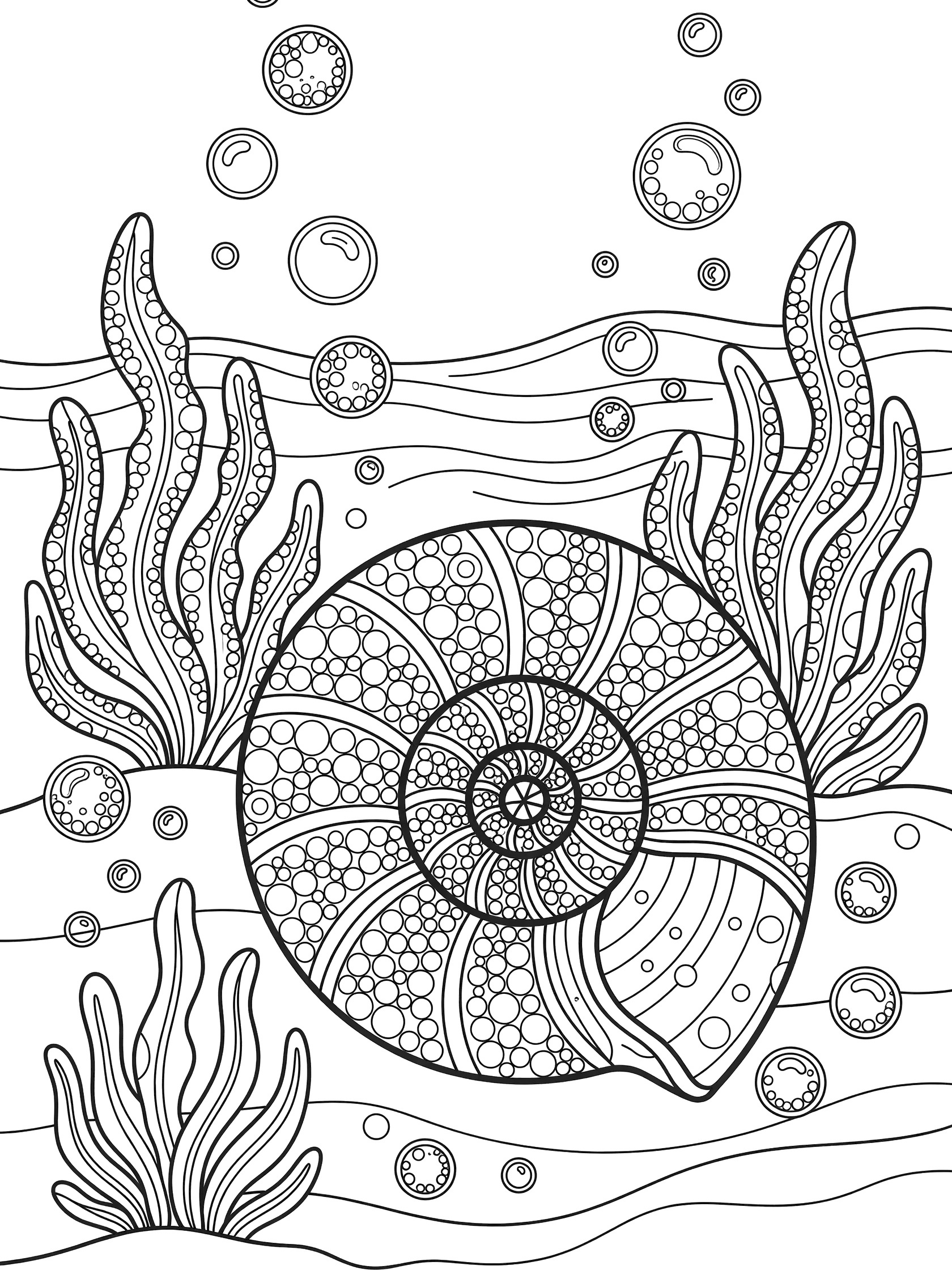 Black and white coloring page of a large spiral seashell with Tipple circle patterns, surrounded by seaweed, bubbles, and gentle waves.