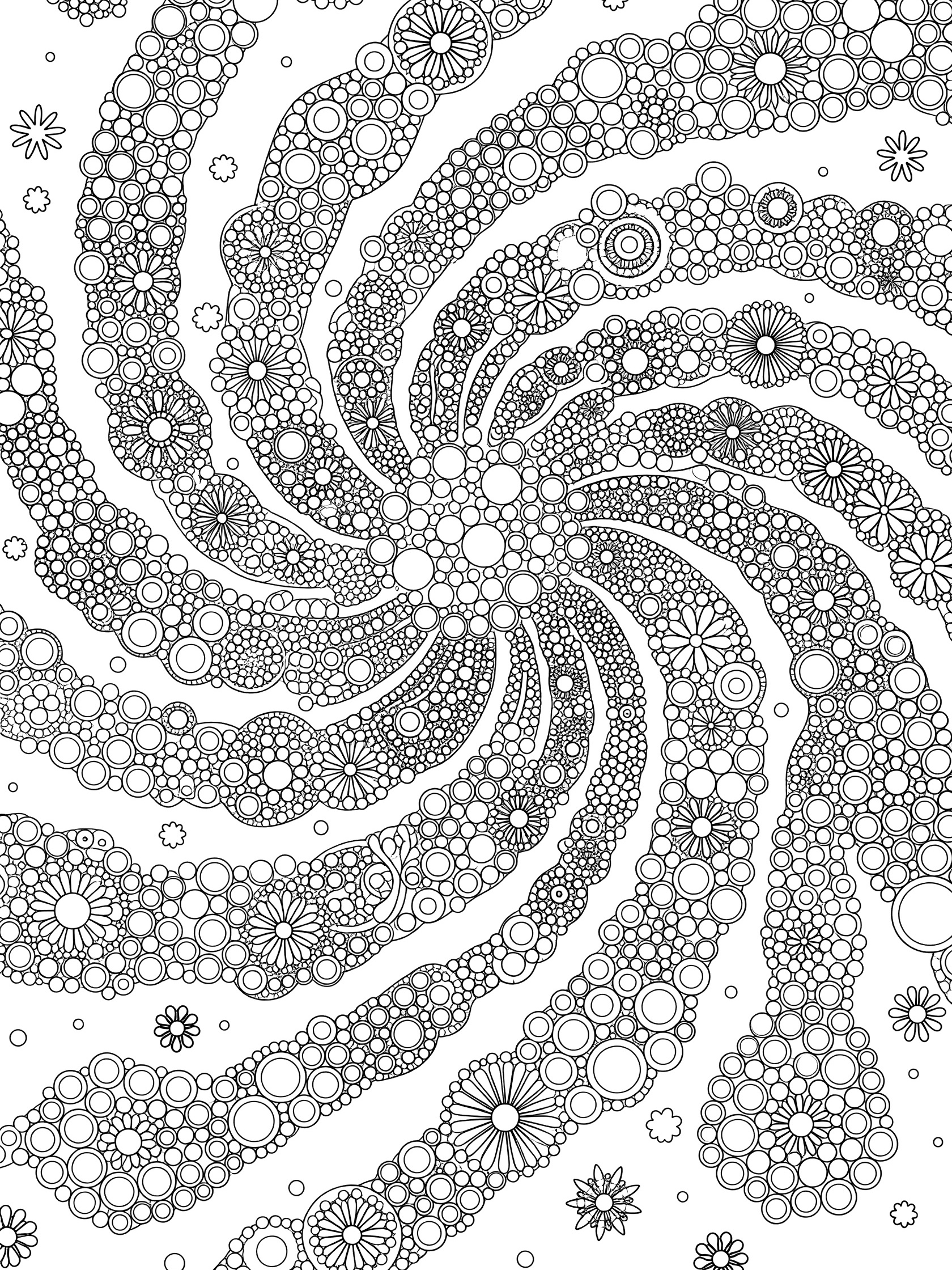 Black and white Tipple starburst galaxy coloring page featuring overlapping circles and tipple patterns in galaxy arms bursting from a central core.