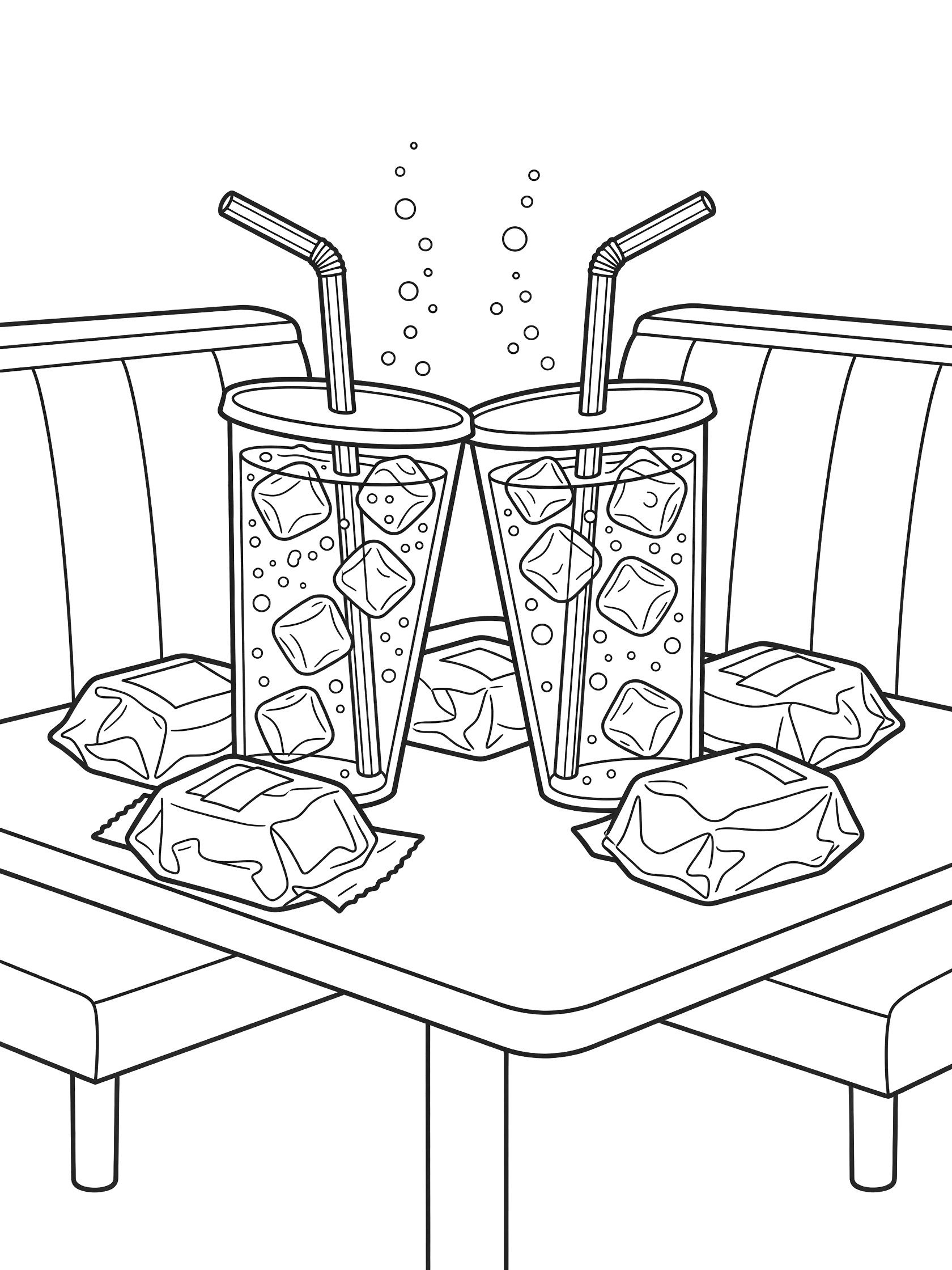 Black-and-white coloring page of two soda cups with striped straws toasting at a fast food booth table with fizz bubbles, ice cubes, and burger wrappers.