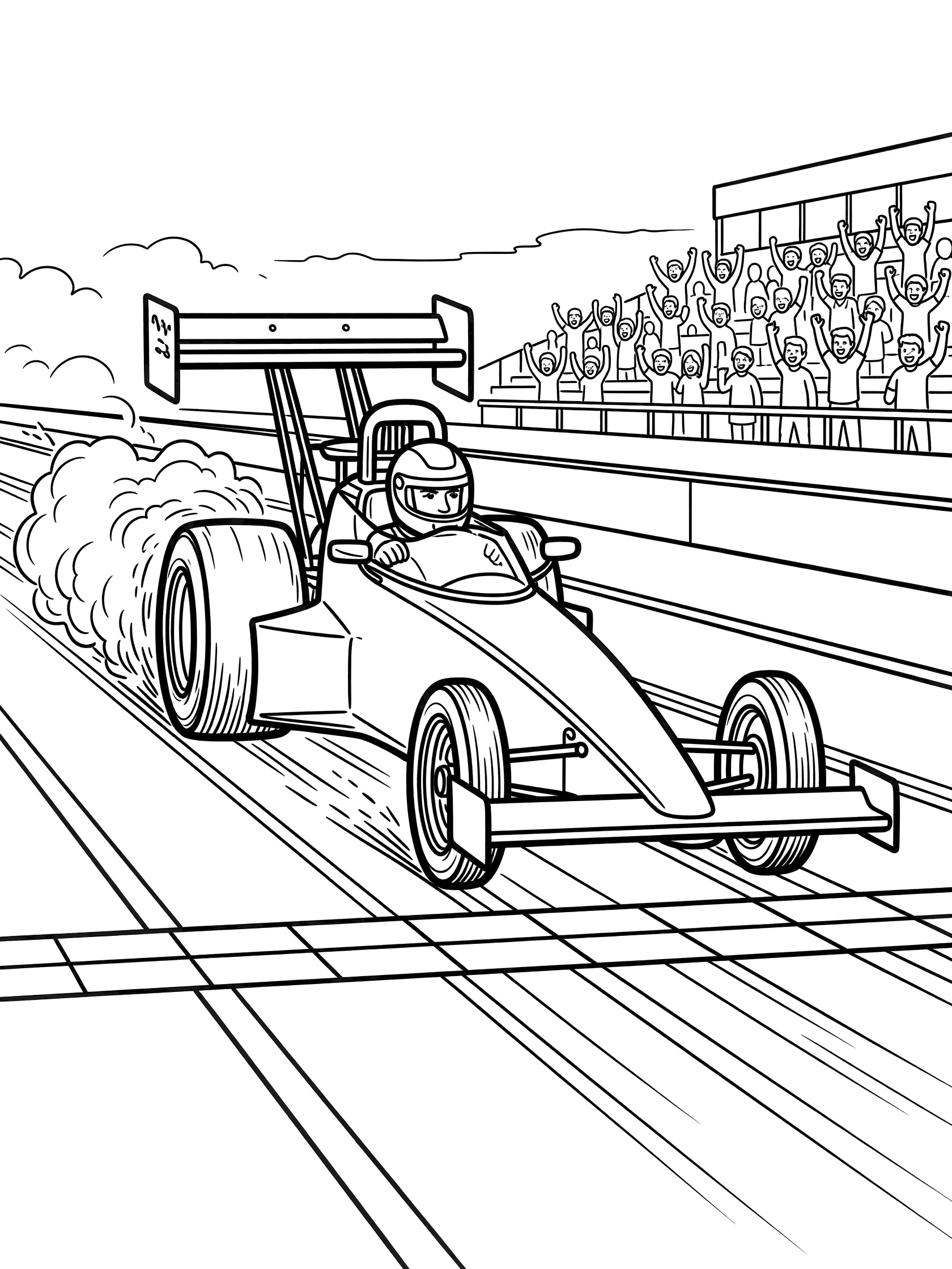 Black and white coloring page of a Top Fuel dragster racing across the checkered finish line, driver in helmet, smoke trails from rear tires, fans cheering in grandstands.