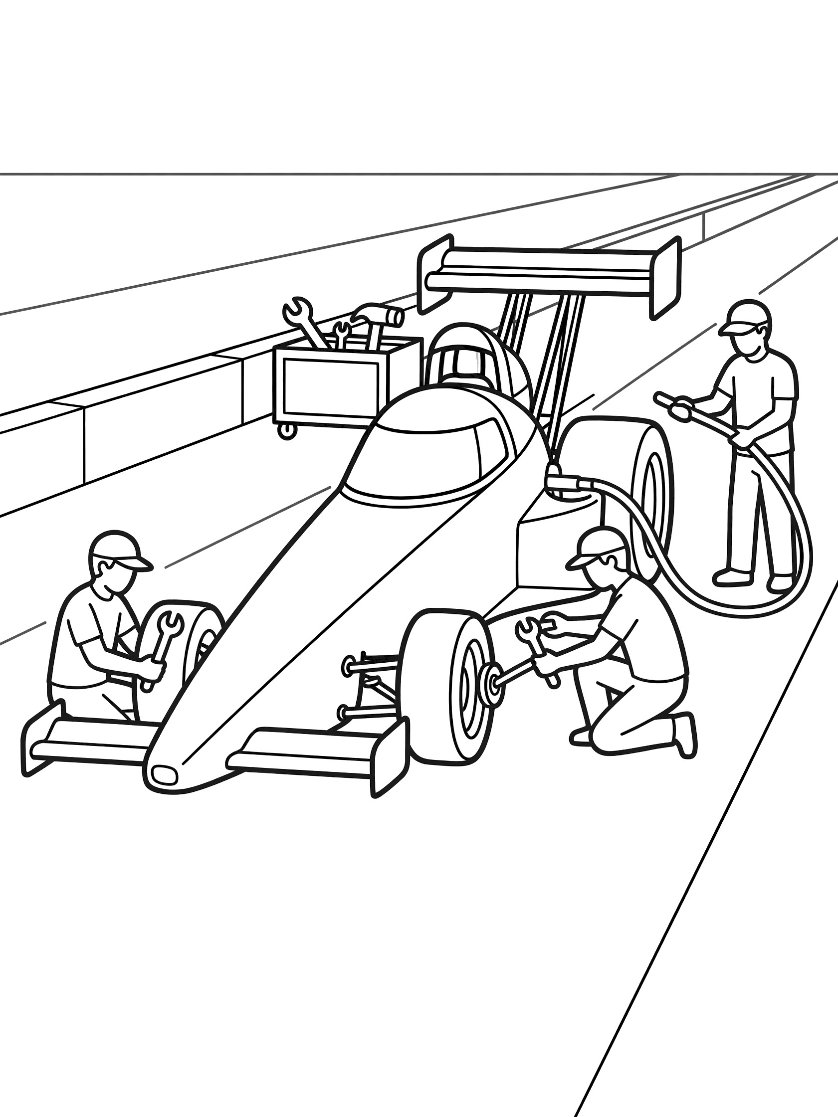 Black and white coloring page of a Top Fuel dragster in pit stop, mechanics kneeling to change rear tires with tools, one holding fuel hose, wing, parachute, tool cart, and track lines.