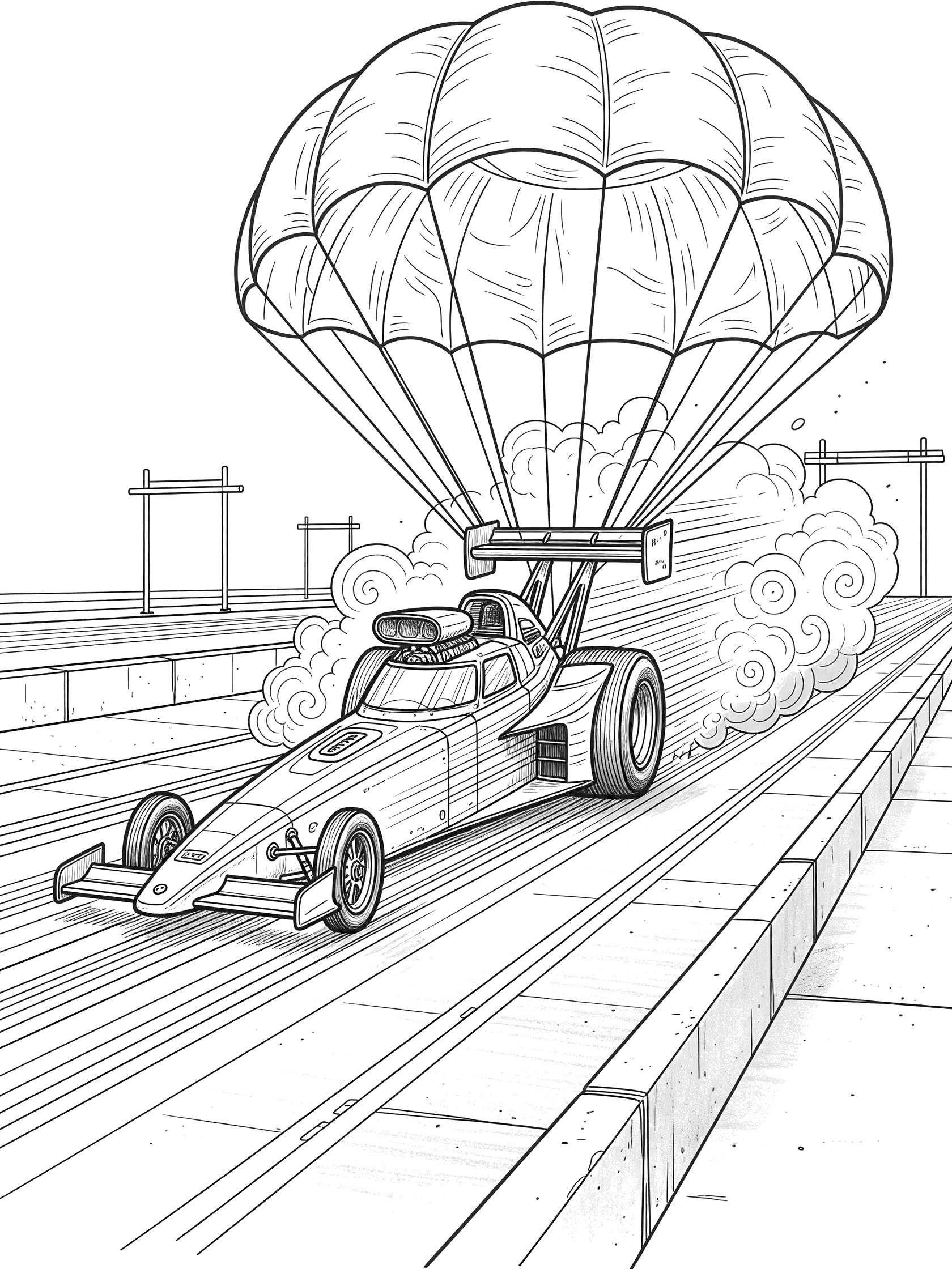 Black and white line art of a Top Fuel dragster speeding down the track with a large parachute deployed, billowing wildly, huge rear slicks, front wheels, supercharger scoop, and drag strip details.