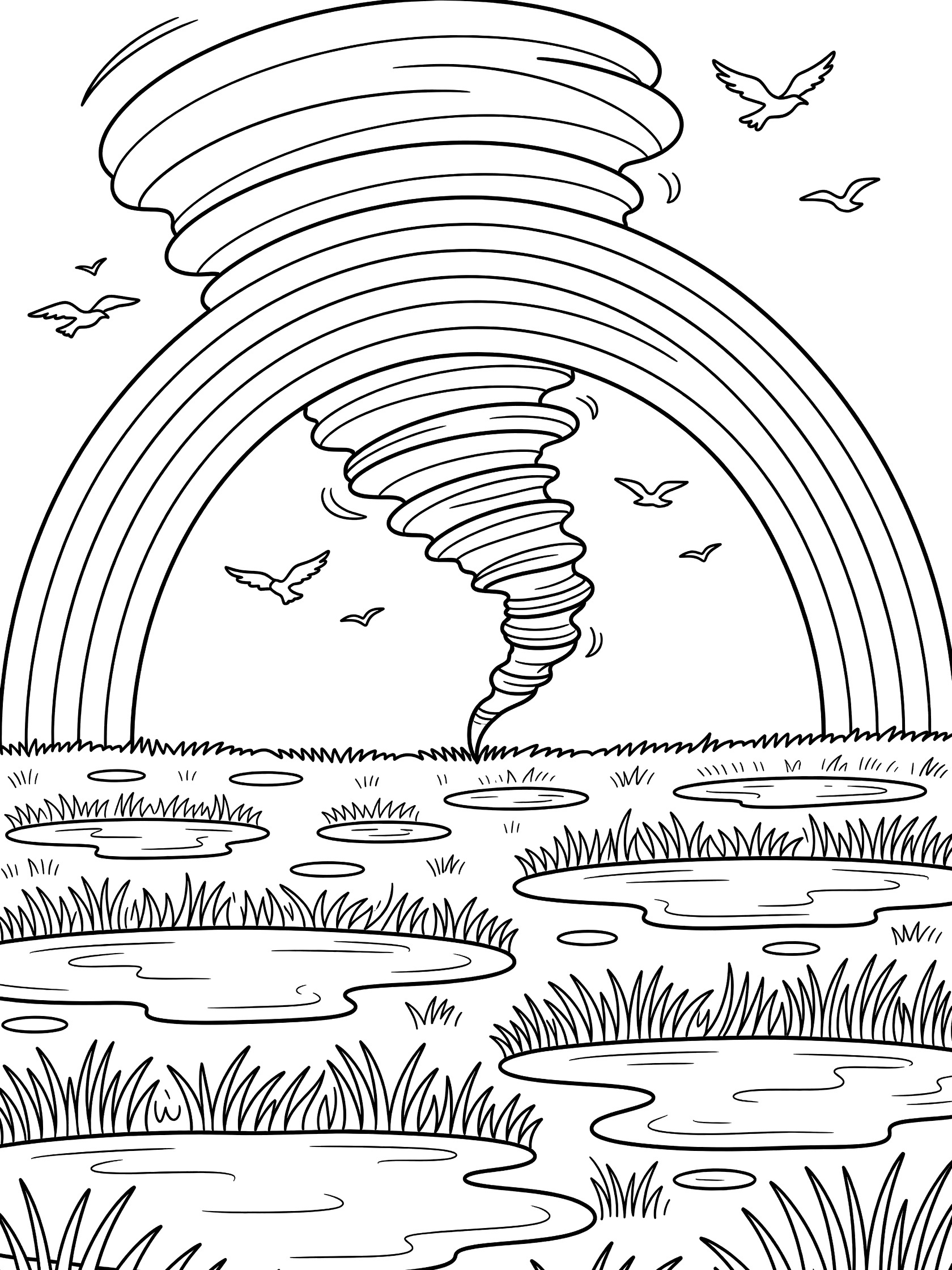 Black and white line art coloring page showing a tall twisting tornado under a curved rainbow arch, birds flying in the sky, grass and puddles on the ground.