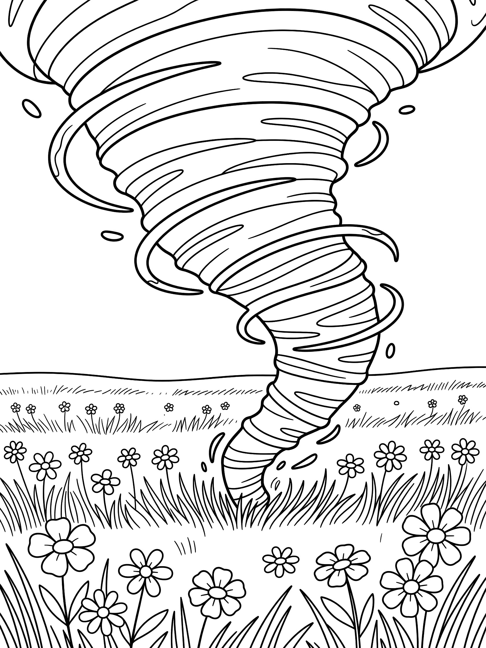 Black and white coloring page of a large funnel-shaped tornado twisting upward from a grassy field with scattered flowers bending in the wind.