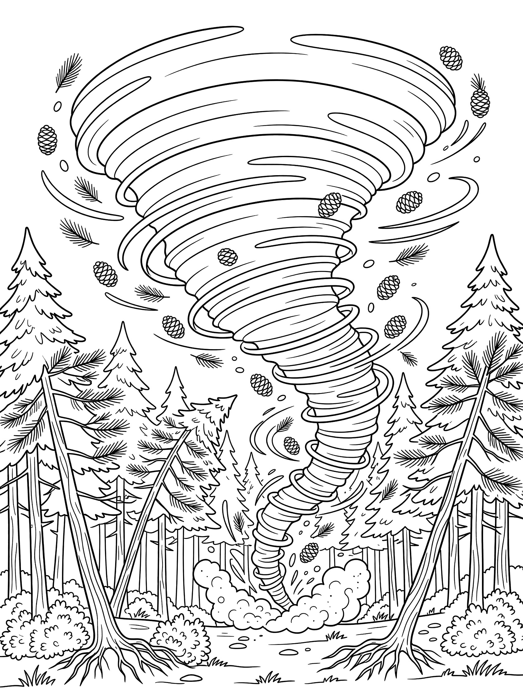 Black and white line art coloring page showing a swirling tornado at the edge of a dense pine forest. Pine trees lean, bushes uproot, pinecones and needles whirl in the air.
