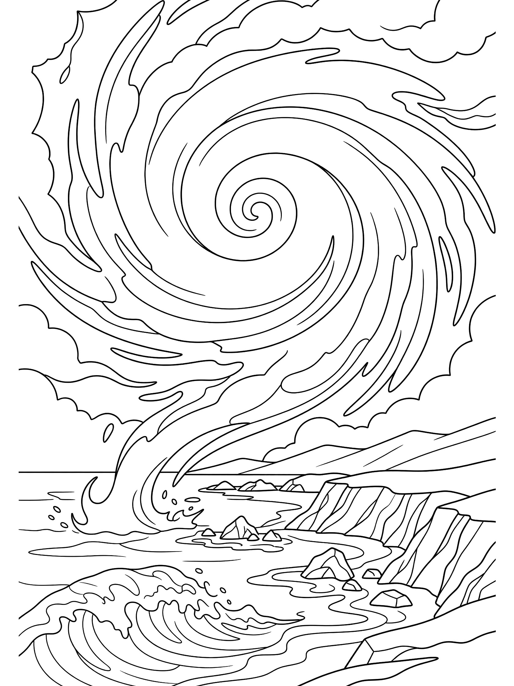 Black and white coloring page of a large tornado over ocean waves approaching jagged rocky coastline with distant hills. Hurricane themed black and white printable line art