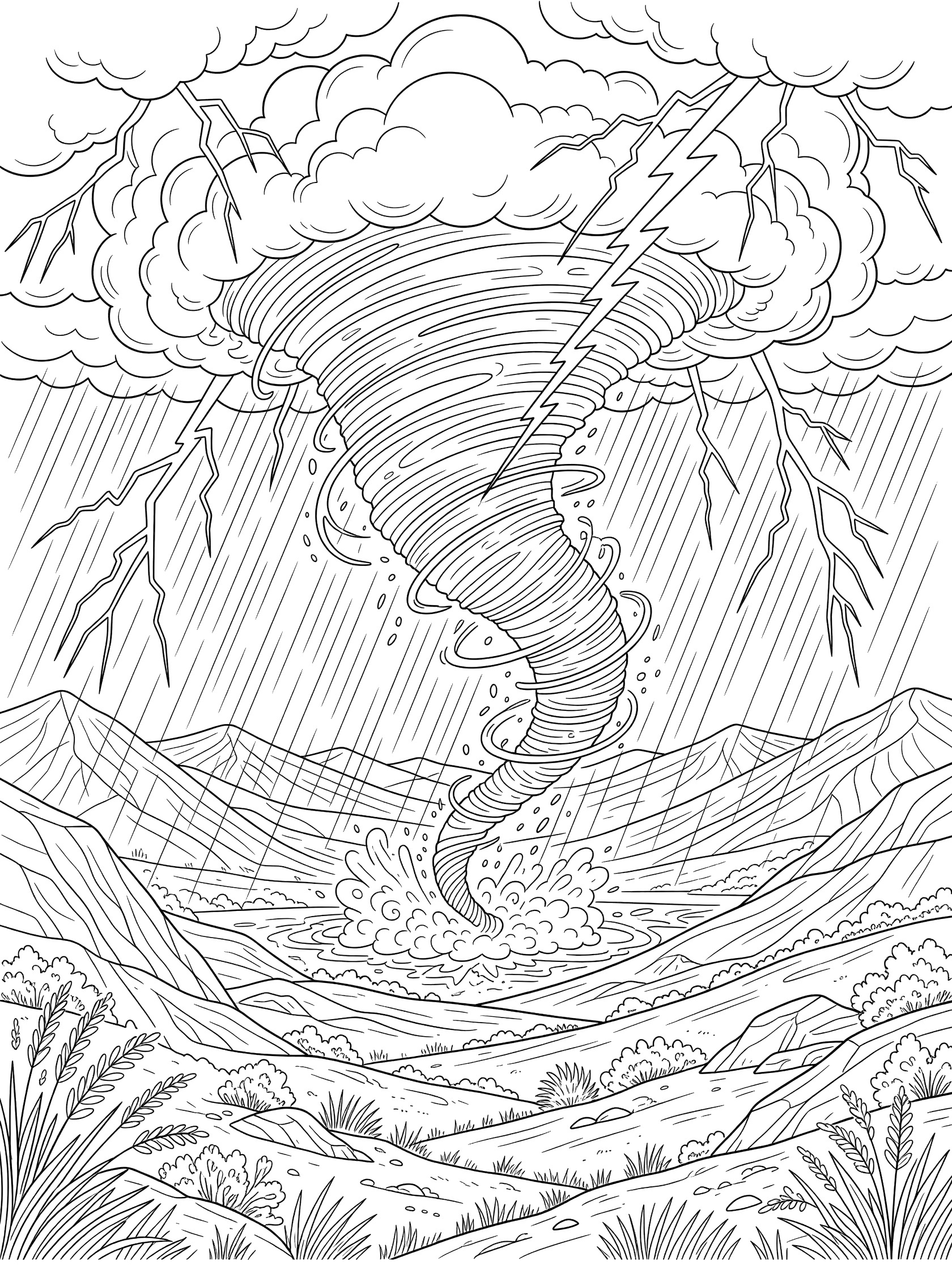 Black and white line art coloring page of a tornado twisting from thunderclouds with lightning, rain, mountains, and valley grass.