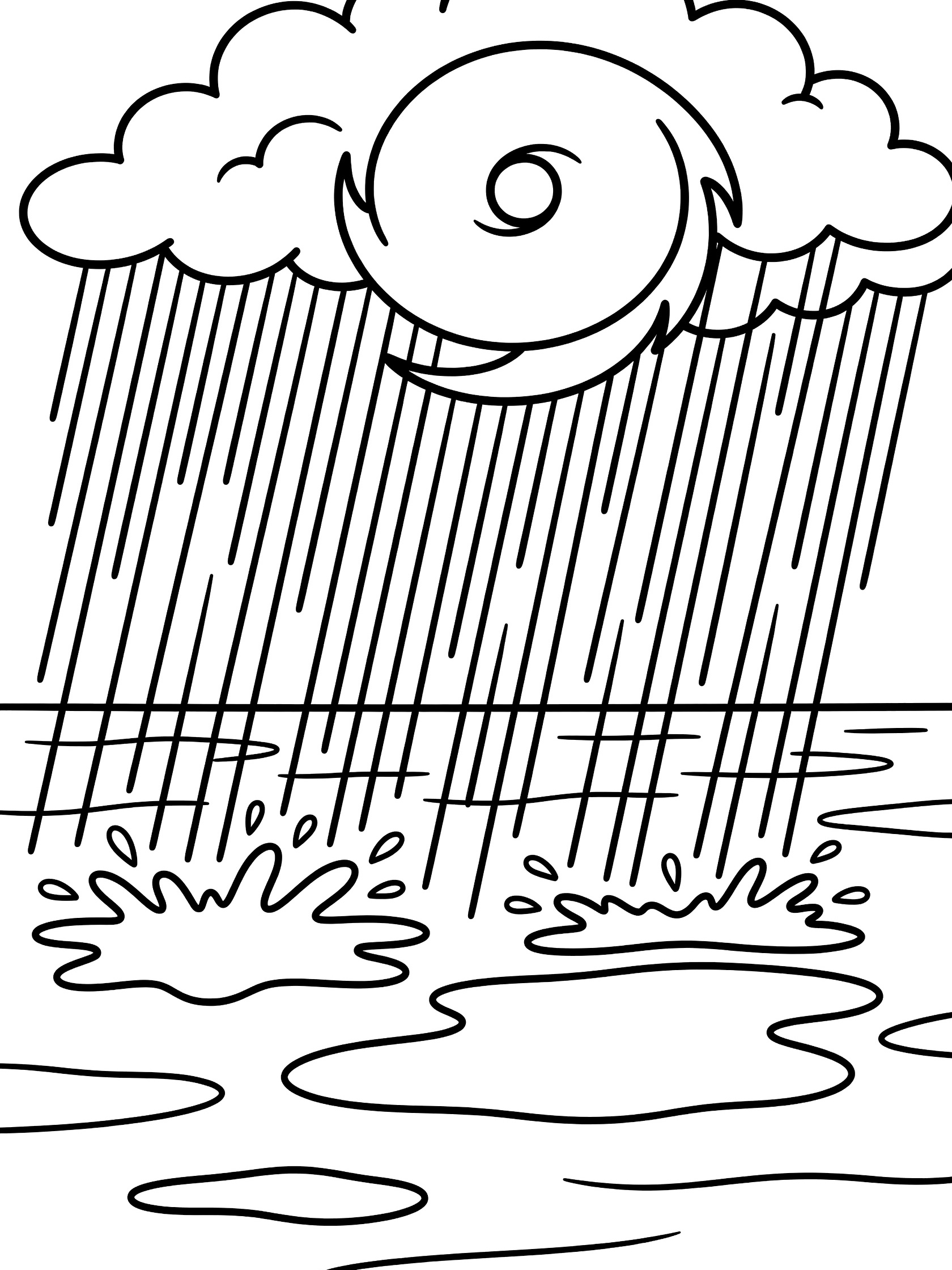 Black and white line art coloring page showing a tornado in storm clouds pouring heavy rain over wavy ocean water with splashes and puddles. Hurricane themed black and white printable line art