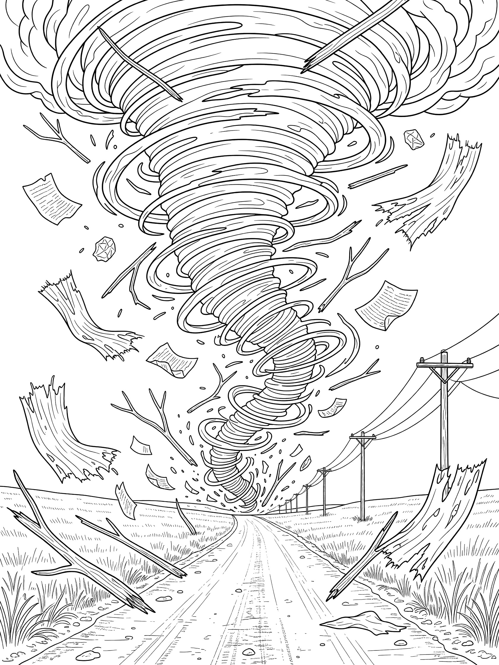 Black and white line art coloring page showing a massive tornado funnel with flying debris like papers, sticks, and fabric over a rural road and sagging power lines.